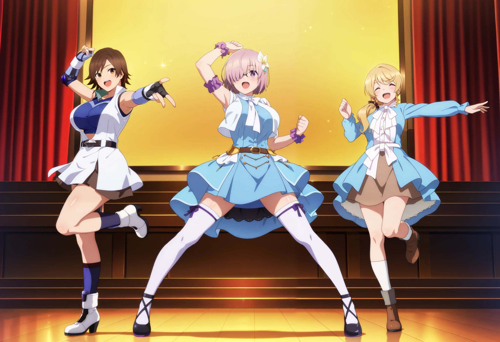 score_9, score_8_ up, score_7_ up, source_anime, (anime coloring, anime screencap:1.2), flat color, shiny skin , masterpiece, top quality, anatomically corrected, perfect body,face, (3girls),((kazama asuka :1.2)),((mash kyrielight:1.2)),((Ellen Baker:1.2)), sister,sideboob,idol clothes,long kneehighs,thighhighs,skindantation,socks,curvy,large breast,huge breasts,stage,dance,live,