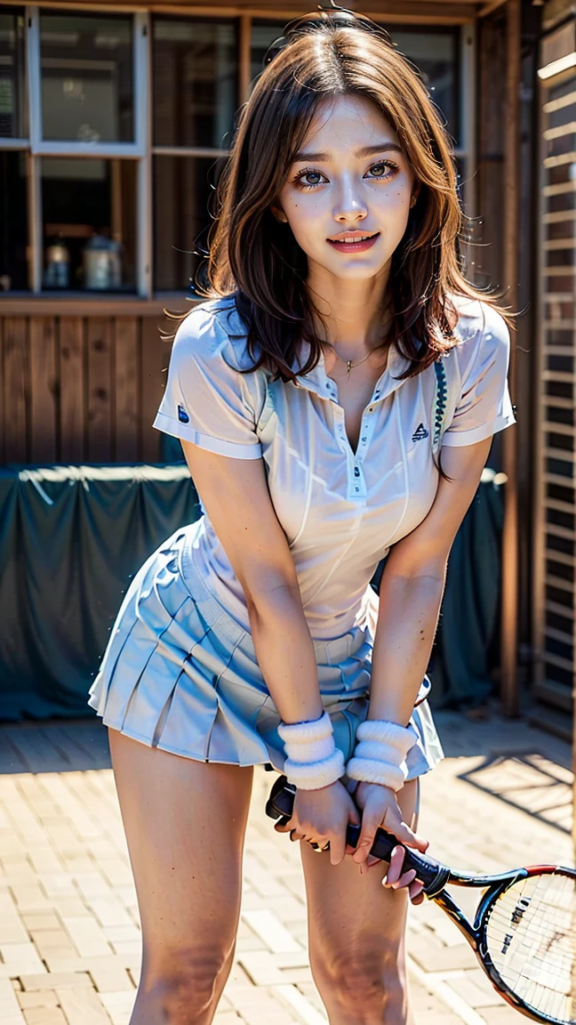 masterpiece, 1girl in, 独奏, Luminous Eyes, White sneakers, Tennis Wear, White mini skirt, white panties, white knee-socks, masterpiece, top-quality, realisitic, ultra-detailliert, blue-sky, tennis coat, (extremely delicate and beautiful work), ((masuter piece)), (Best Quality), glamor body, One lady, 20yr old, (Wearing a tennis uniform:1.5), (Taut), (Sexually aroused face:1.4), ( Shoulder cut hair,(Fair skin:1.2), Bright lighting, Natural lighting, Realistic lighting, Lovely lips、delicated face、(realisitic、Photo_Realistic:1.4)、((top-quality、masterpiece:1.3))、20yr old、((Brown hair))、((a shower、White turbid water))、((the pose))、((Functional))、((soaked breasts))、(((soaked body)))、(((Drenched pubic hair)))、Smile full of happiness、Poses that fascinate a man、seducing smile、Open your crotch and crouch down