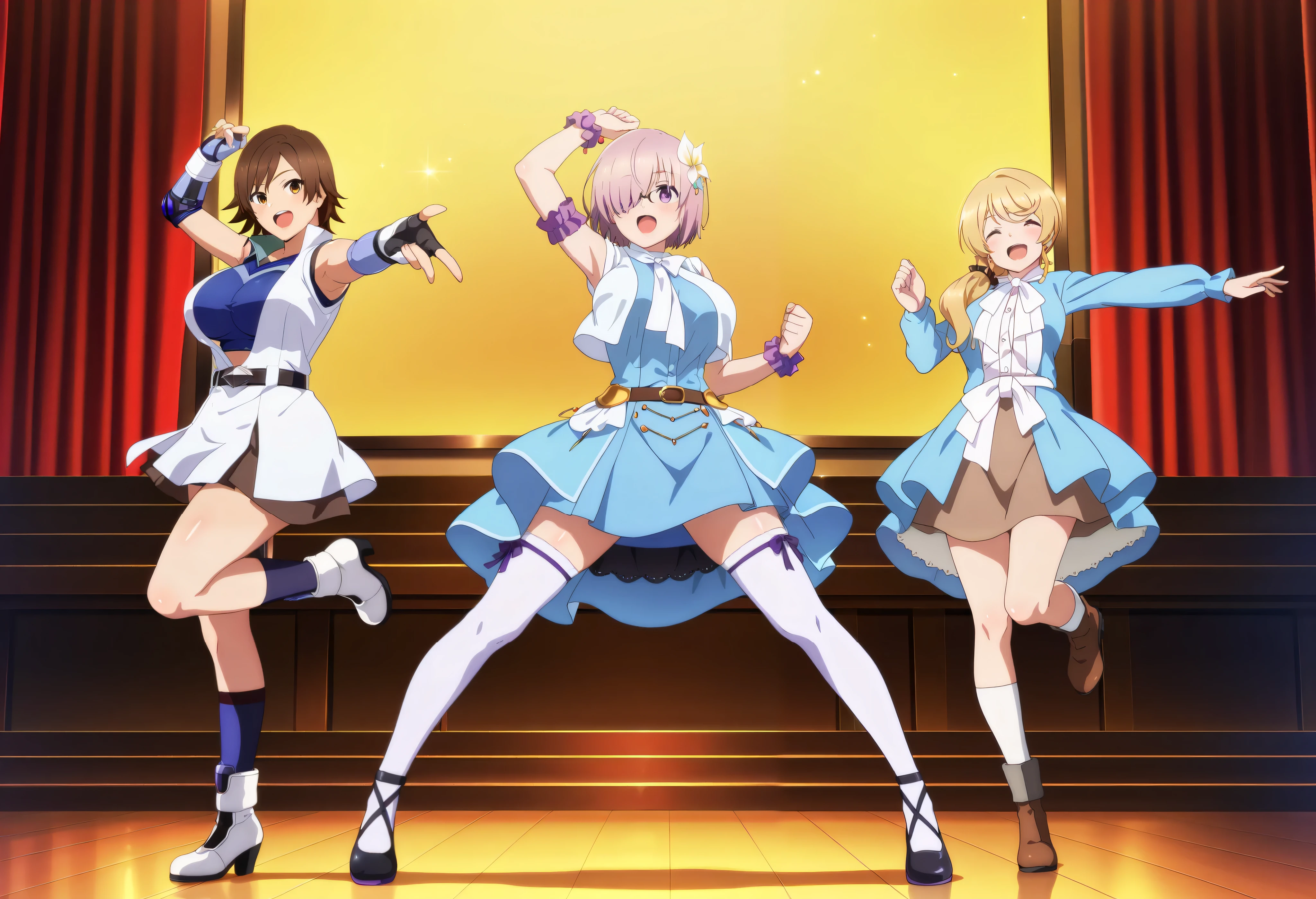 score_9, score_8_ up, score_7_ up, source_anime, (anime coloring, anime screencap:1.2), flat color, shiny skin , masterpiece, top quality, anatomically corrected, perfect body,face, (3girls),((kazama asuka :1.2)),((mash kyrielight:1.2)),((Ellen Baker:1.2)), sister,sideboob,idol clothes,long kneehighs,thighhighs,skindantation,socks,curvy,large breast,huge breasts,stage,dance,live,