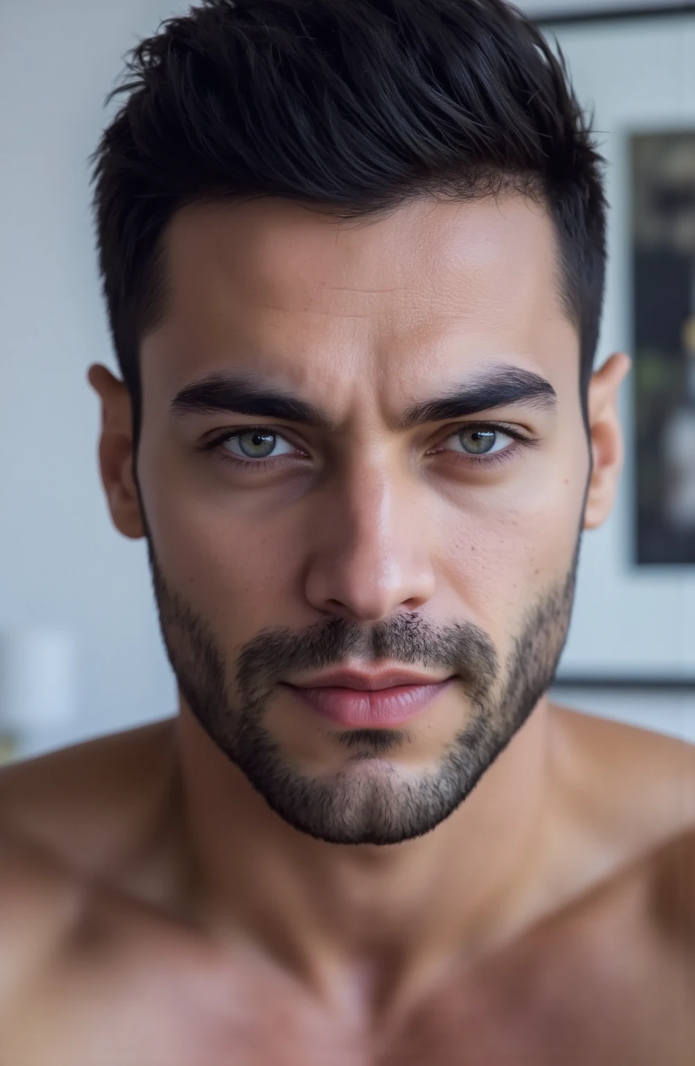 there is a man with a beard and no shirt on posing for a picture, imagem de perfil, sexy gaze, foto de perfil headshot, Foto de perfil, macho sexy, Rosto Masculino, caio santos, inspired by Antônio Parreiras, Cristiano Orrillo, pelos faciais curtos, Alejandro, Postagem no Reddit, foto de perfil, macho atraente