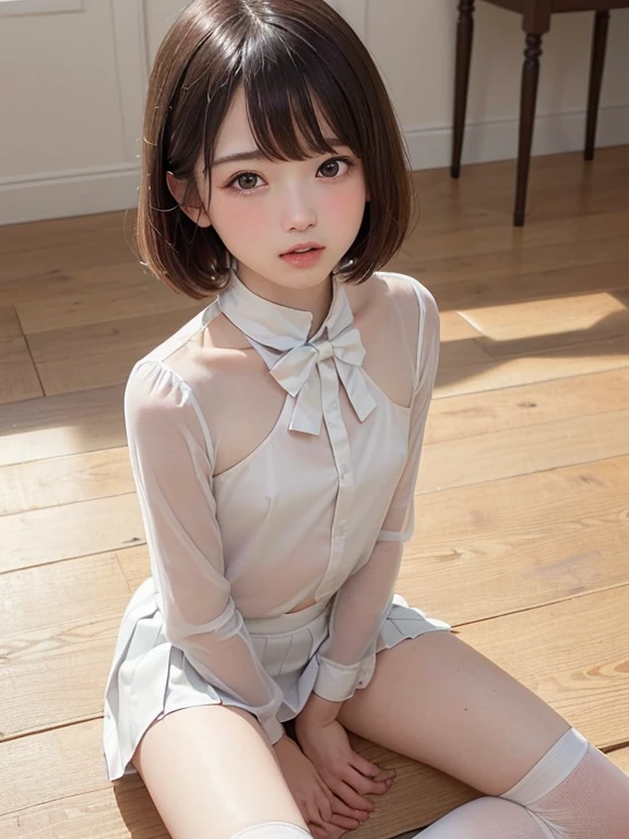 (masterpiece、Highest quality:1.7)、13 years old、(Full body shot:1.5)、Bobcut、Black Hair、85mm、16K、Official Art、RAW Photos、Best Beautiful Faces、Close-up、Violet、Gardenia、The best beautiful girl、very cute、Red blush on cheeks、indoor、(Sit on the couch:1.8)、Film Grain、Chromatic Aberration、Sharp Focus、(((Nice hands、Perfect hands、Perfect Fingers、A perfect body without flaws)))、Detailed face、(Slender body:1.5)、(Slender body:1.2)、(Small breasts:1.9)、(Let your bangs hang down:1.8)、(Blushing:1.8)、(Low contrast lighting:1.2)、(White tight business blouse with collar:1.5)、(White bow tie blouse:1.3)、(Long sleeve: 1.3)、(White pleated mini skirt:1.5)、(Mouth wide open:1.5)、(Eyes closed:1.5),(Hold your chest with your palm:1.8),(Male masturbation, POV hands, penis:1.4),