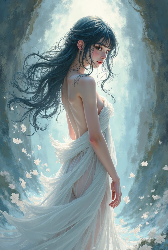 Exquisite (slim (skinny)) Girl (with a perfect, very beautiful face of the southern type and almond-shaped eyes) (with a southern skin tone and soft lips) (with dark hair) (costs (waist-deep in water)) (nude) (with d tender beal breasts) ((with soft pples)) (barefoot) In the of a big river; ((Sunset Evening Amber Light)), ((caramel soft warm shades)); (Warm summer late evening), ((Warm sunset light)); draw ((in watercolor style)); ((very beautiful exquisite face)); (high image quality, high detail), ((discreet faded shades, pale expressionless colors, imitation of film photography, diffused soft light)); ((big alien eyes), skinny); ((delicate mint shades)), (sfumato)