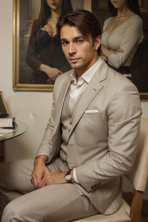 A professional photographic image of a handsome businessman sitting comfortably in the armchair, Vestindo um terno escuro sofisticado, looking directly at the camera, highlighting his expressive face and elegance, Altamente detalhado, elegante, dslr, canon, Pinterest, art station, suave, sharp focus, 8K,Tiro certeiro, Lente retrato de 105 mm,