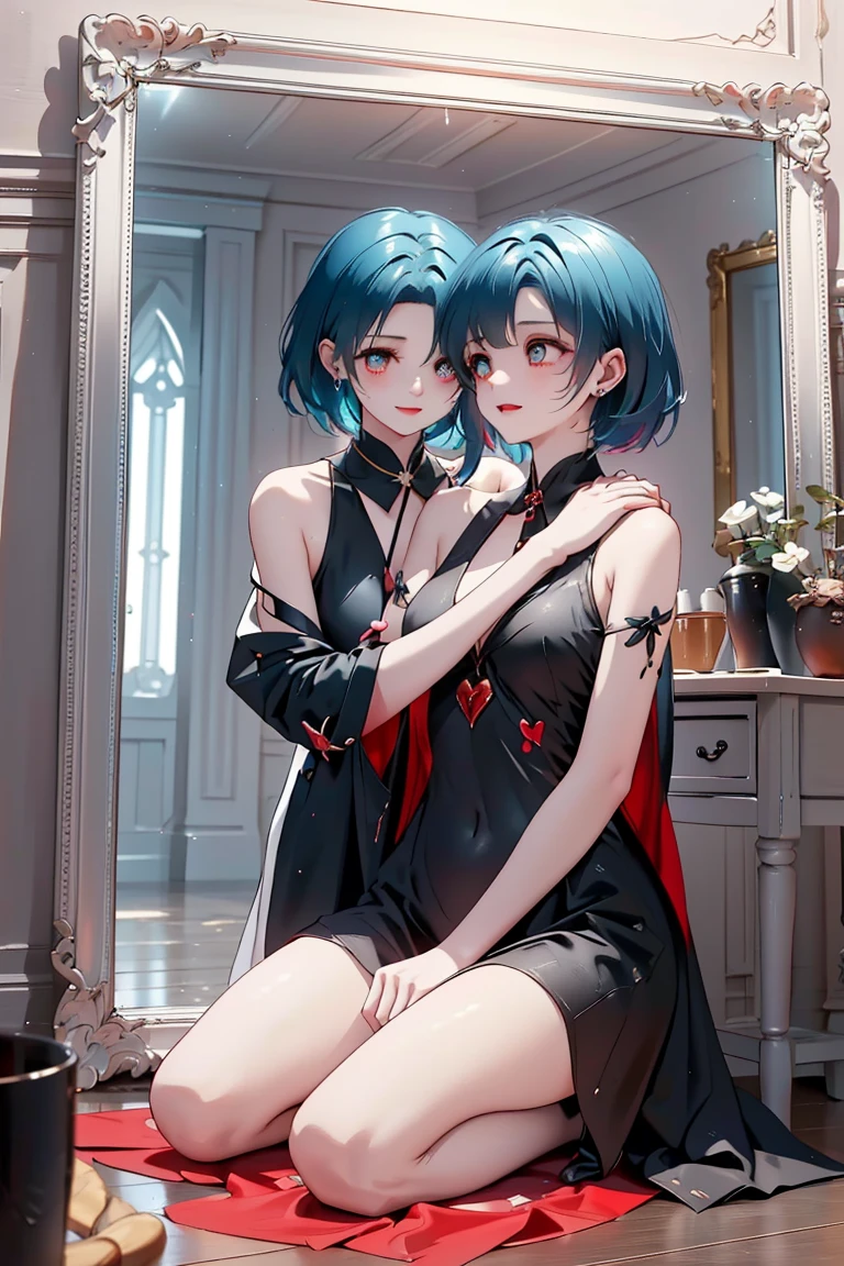 2 people, woman and man, Attractive profile picture, masterpiece, ultra-precise rendering, beautiful and cool young woman, trustworthy, dependable young woman, savior of the world, simple design, most beautiful image, 4K, blue black hair, beautiful woman, beautiful smile, woman short hair, clean skin, men facial hair,