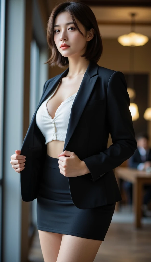 (8k、RAW Photos、highest quality、masterpiece:1.2)、(Realistic、Realistic)、1 girl、((large size black suit、red tie、rub my chest、pants suit、turn knees out、pelvic forward、over size suit、Woman grabs her own breasts、boyish、tom boy、public indecency、bend knees、 sexy suit、mens suit、large suit、hutanari 、grabbing breasts、 Leg spread、Bow-legged、Touching as if groping the breasts、Wide Stride、Leg spread、smile、sexy、I can see your chest、View from the front、Stand with hands on hips、In the city))、