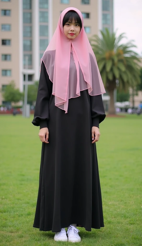 A beautiful Asian girl in a long hijab with tight and clearly visible breasts, With dark colored clothes, was Hugging herself , and good quality images