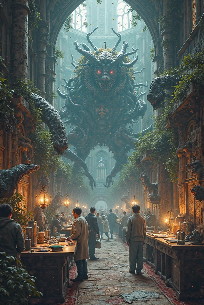 a fantasy landscape scene from a dnd lore book of several characters interacting in a massive busy market place, with great massive grand fortress in the background ,fantasy, high contrast, ink strokes, explosions, over exposure, purple and red tone impression , abstract, ((watercolor painting by John Berkey and Jeremy Mann )) brush strokes, negative space,