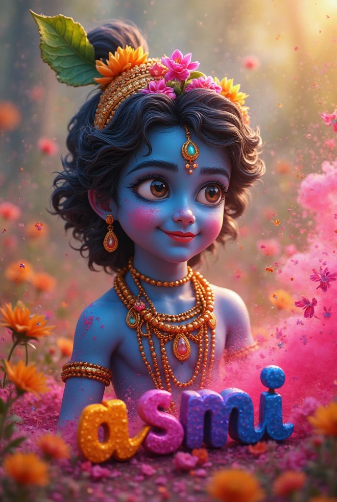 Generate an image , In which baby lord Krishna stand beside letter R on occasion of Janmashtami