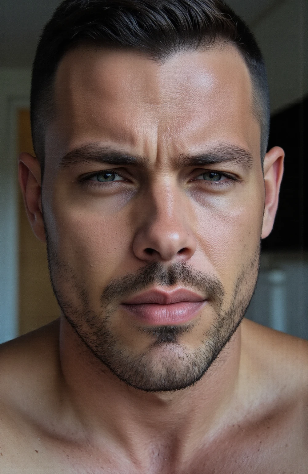 he is a man with a beard, careca, olhos verdes muito claros e parece um estrangeiro sueco