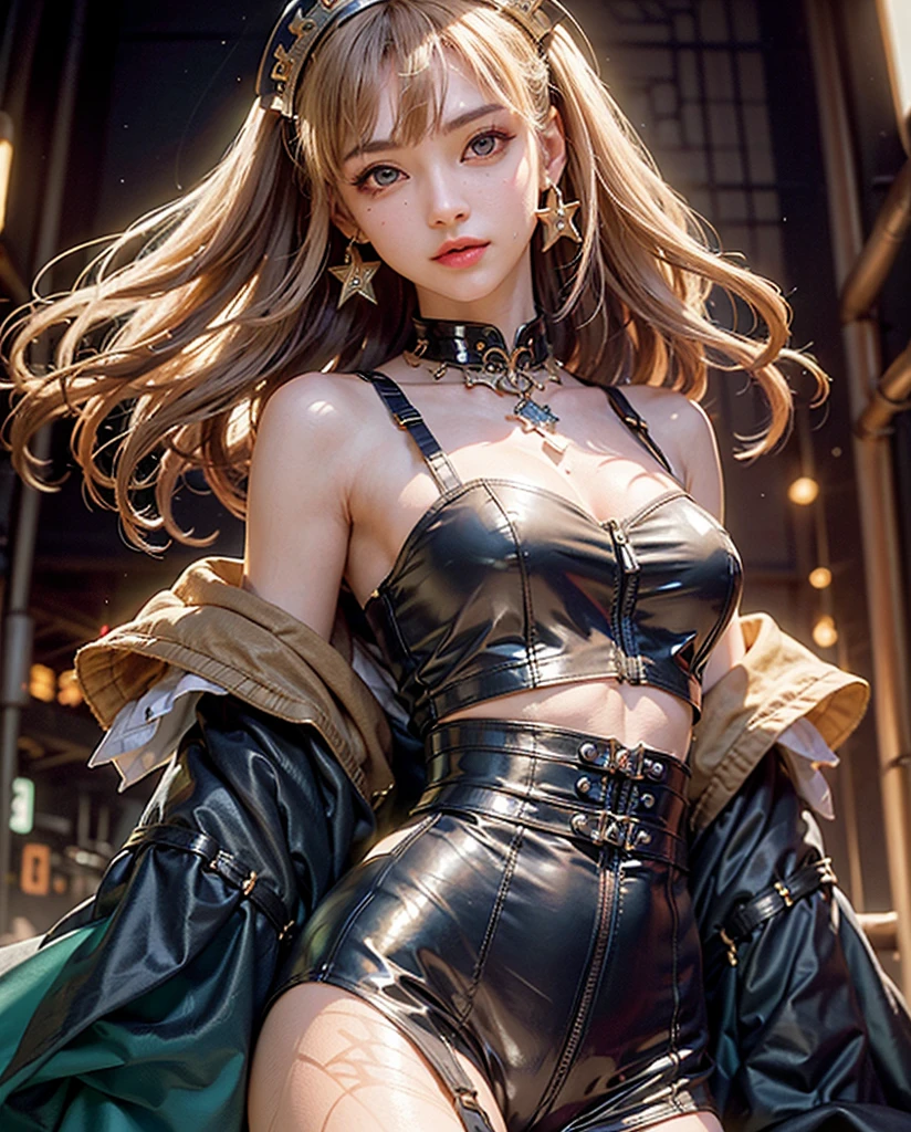 A woman who is, Pale skin, Blue eyes, Eyebrows, nase, Mouth, Lips, Smiling, hor ears, big blonde hair, choker necklace, Shiny black open jacket, Glossy black vinyl bra, Big chest, Shiny black leggings, Thick legs, upper legs , standing, wonderful day out,