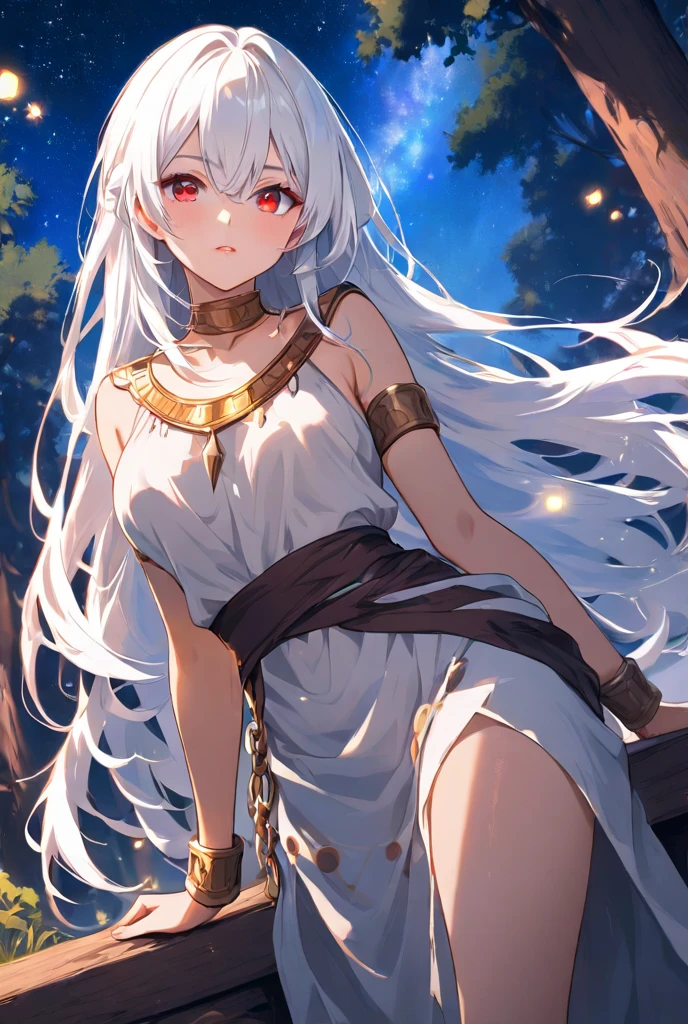 greek maiden, white greek dress, in a montain, looking the stars, stars in the sky, in the night,