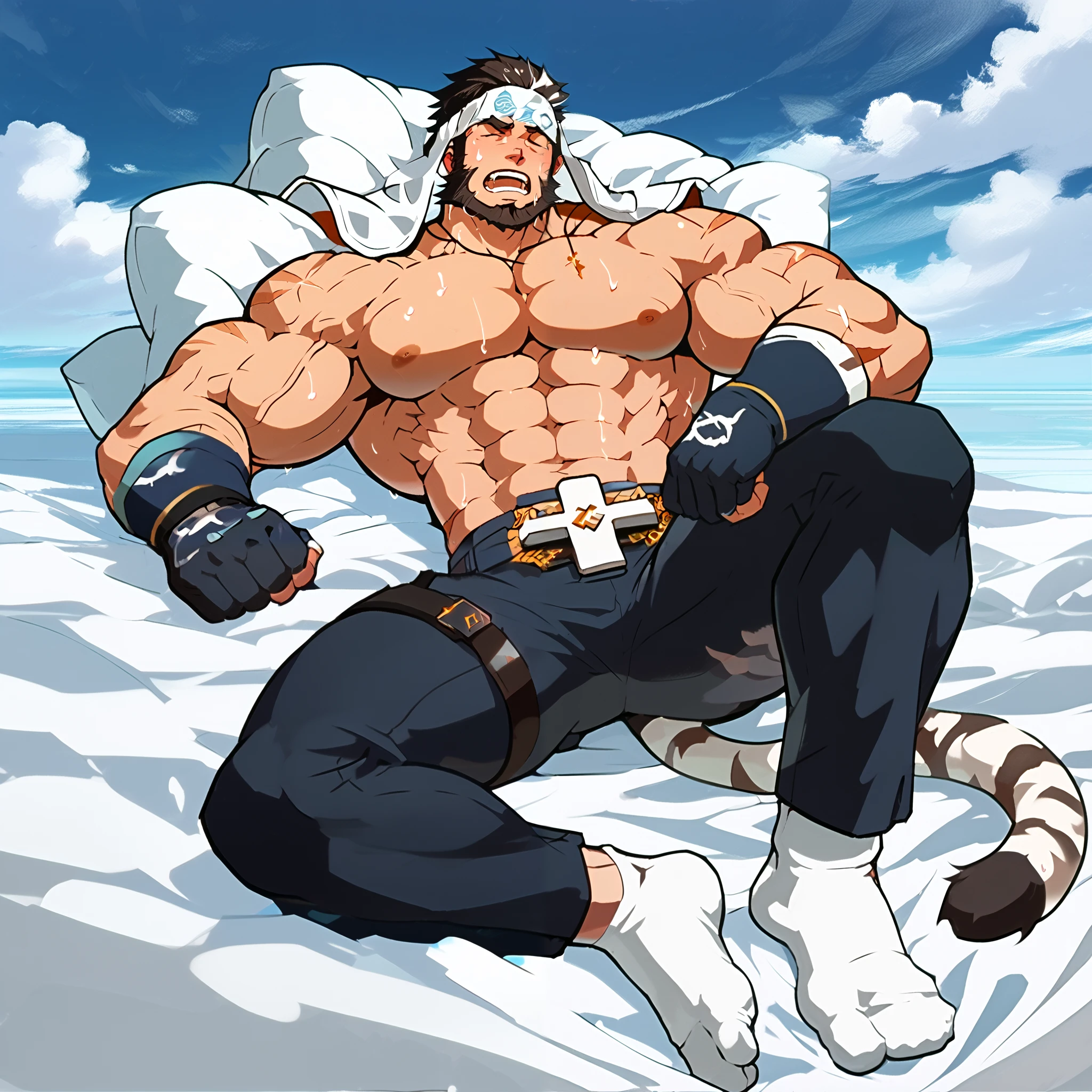  high detail,perfect body proportions, masterpiece,a muscular boy, mature male,short black hair,  sky blue solid color headband,white streak, Gloves, Topless , scar, biceps , Dragon pattern on the arm,beard, black leggings, manhood ,  cross necklace ,cross belt,Invite to sleep,Lying down,On the bed,full body,Sweat, Bare Feet ,White socks,hyper ,Porn,moan, front,White tiger tail