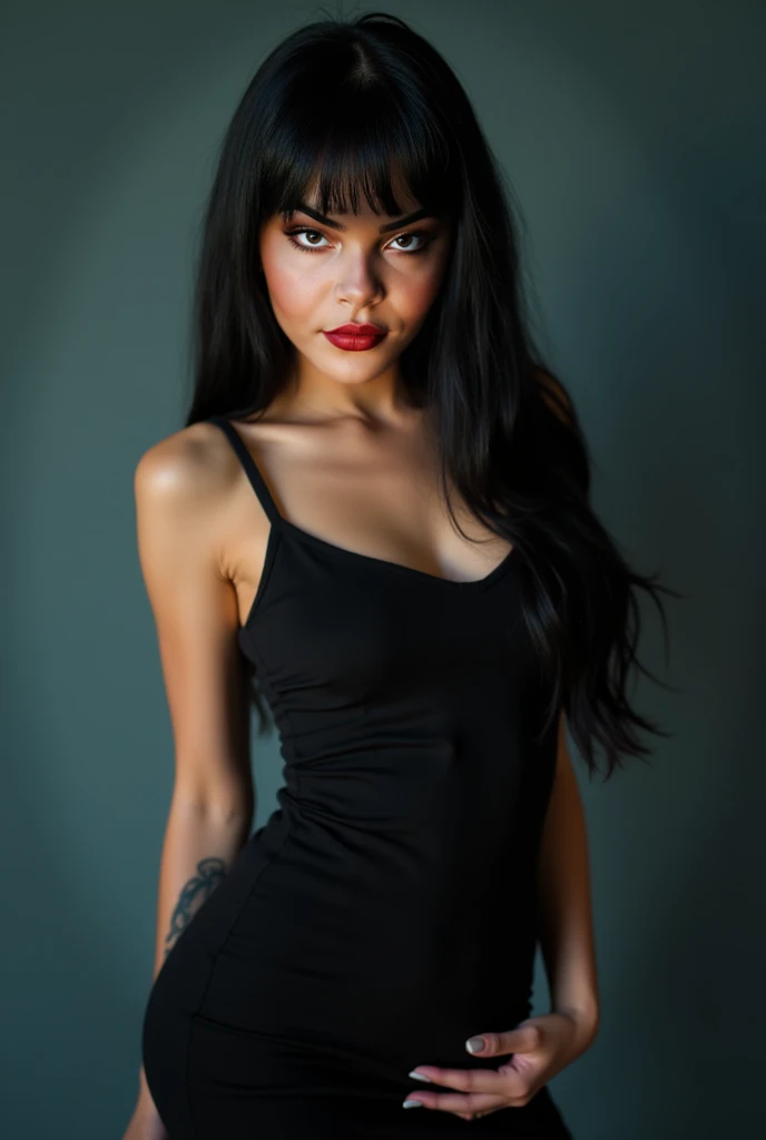 hyper realistic, 16k, best quality, masterpiece, (photorealistic:1.4), 1girl (alone), solo. Pretty young. Gothic aesthetic, goth makeup, black silky hair (realistic texture), hair fringe,  realistic eyes, pele-white skin, illuminated skin, realistic shading, (modern) black gothic dress (realistic textures), big hips, tights. waist up, dramatic lighting, from below, front, front view, multiple different poses at different angles, glowing skin, front, back lighting, athletic figure, muscular female, curvy, wide hips, colorful, looking at viewer, Hyperrealistic, gradient background, dark background, outline, cinematic lighting, (chromatic aberration, intricate details)