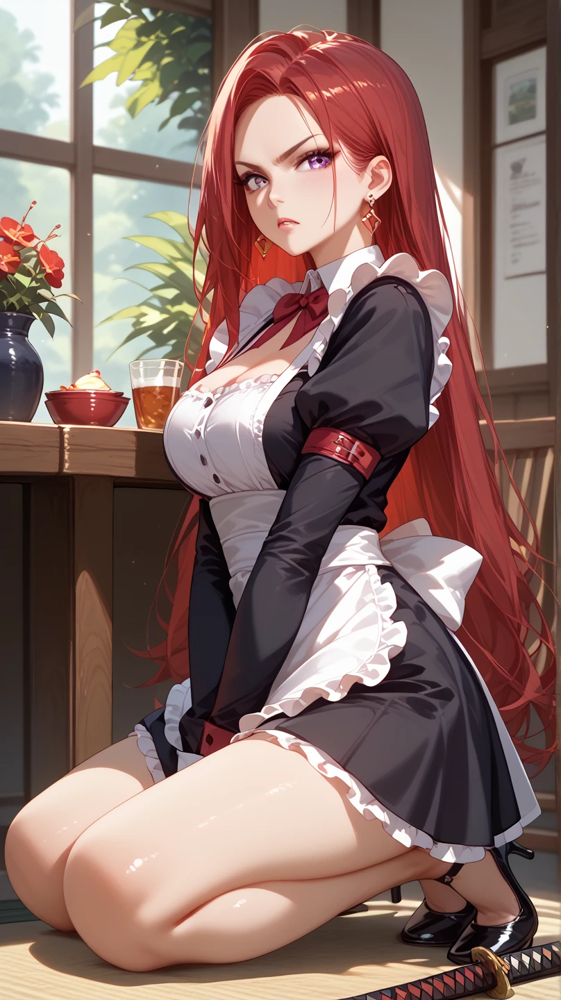 1girl, ((red long hair)), ((bunny playboy)), diamond earrings, cleavages, restaurant, waitress