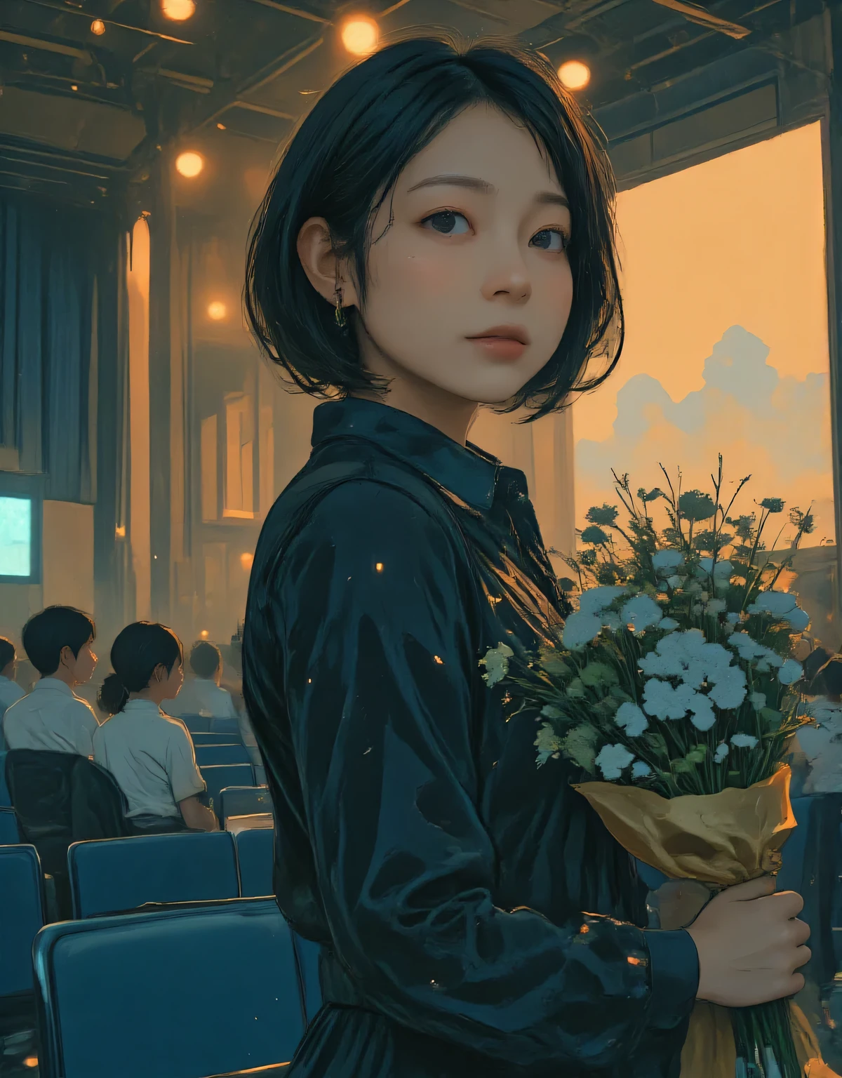 ultra-realistic film photo , greatest masterpiece, dramatic scene, shadow, Global Illumination, alone, Extremely blurry background :1.331, realistic, Beautiful Japanese Woman's Face, On the high school auditorium stage:1.5, and she has a beautifully wrapped bouquet of flowers:1.5, side view :1.331, 非常にrealisticな写真dramatic scene, super real, Photorealistic, perfect anatomy:1.21dramatic scene, small head:1.21dramatic scene, nervous expression, 唇を閉じてdramatic scene, Portrait of a Japanese Woman:1.21, A simple blazer uniform from a famous high school in the city, Black blazer:1.331, white shirt:1.21, black thin loop ribbon :1.331, black pleated skirt :1.331, black hair:1.21, bob cut hair:1.21, すっぴんのBeautiful Japanese Woman's Face:1.21, detailed Iris, Sharp eyebrows:1.37, detailed face, growing skin that widens the labia minora:1.21, in the background, Silky Screen, dynamic, cinematic lights shine,