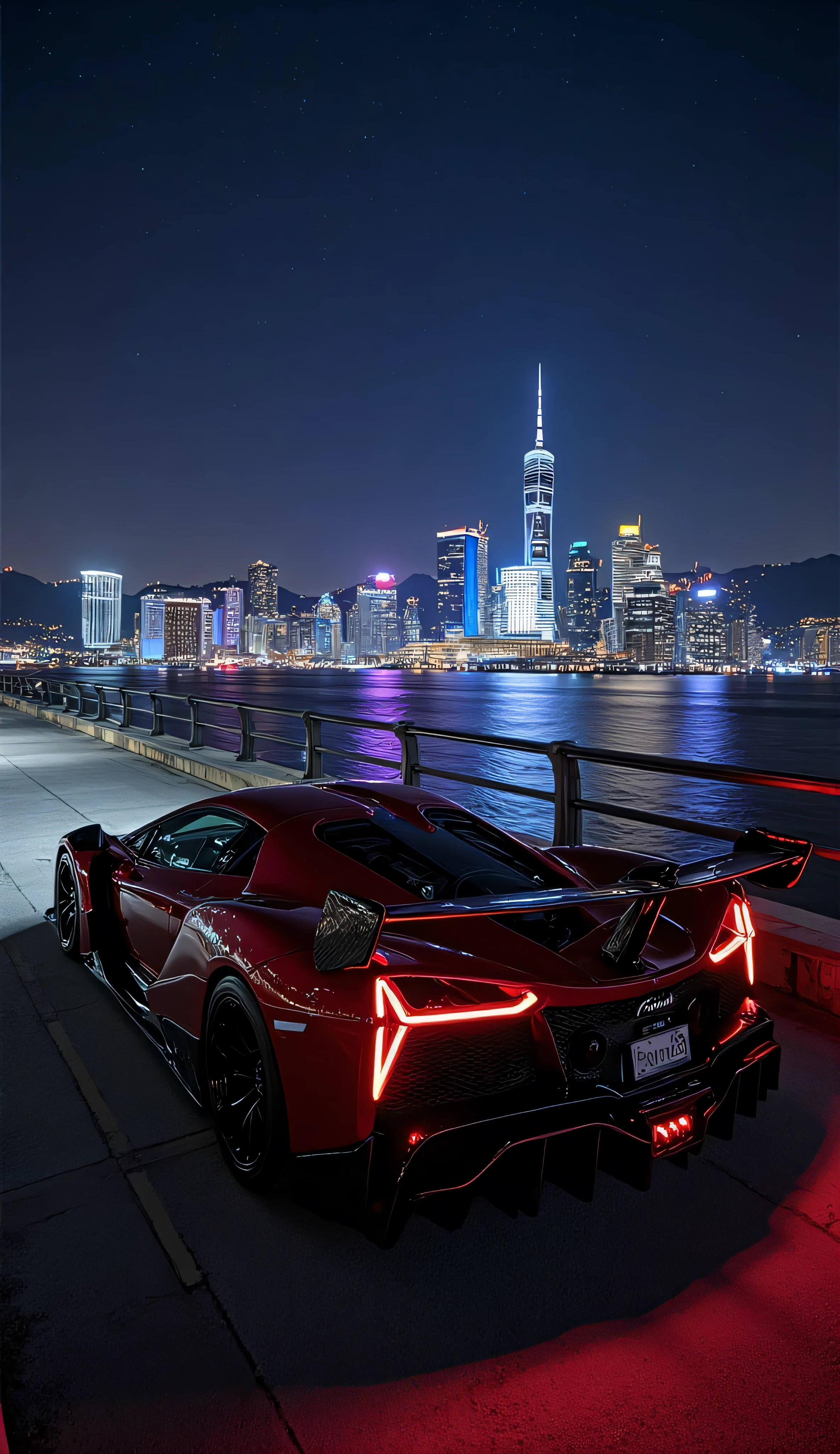 Hyperrealistic, cinematic lighting, 8K, UHD, perfectly rendered image of a Lamborghini Veneno sitting on the bridge, with its rear and right side visible. Its carbon fiber body is a glossy, metallic red, reflecting the night light. The door windows and windshield are treated with a tinted coating.
To the right of the car, you can see the bridge stretching ahead, with its clean lines and soft curves. Below the bridge, you can see the calm, tranquil sea, with small waves gently lapping toward the shore.
In the background, you can see the illuminated city, with glass and steel buildings glowing with vibrant neon lights. The night sky is a blanket of stars that extends over the scene.