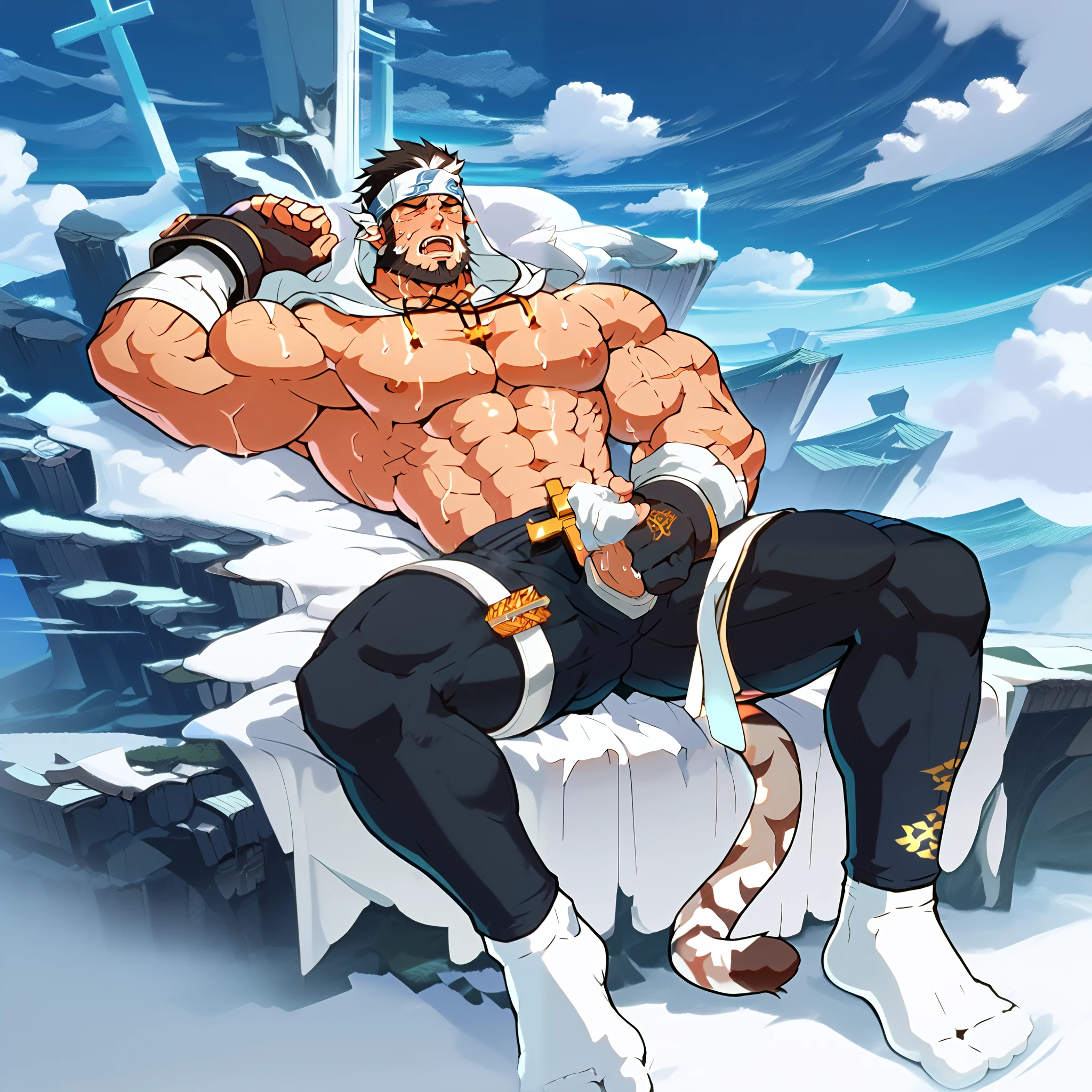 high detail,perfect body proportions, masterpiece,a muscular boy, mature male,short black hair, sky blue solid color headband,white streak, Gloves, Topless , scar, biceps , Dragon pattern on the arm,beard, black leggings, manhood , cross necklace ,cross belt,Invite to sleep,Lying down,On the bed,full body,Sweat, Bare Feet ,White socks,hyper ,Porn,moan,handjob, legs that fell apart spread apart,,front,White tiger tail