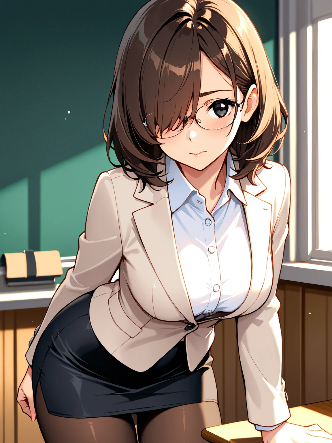 ((Tabletop, highest quality, High resolution, , Pixel Perfect, 4K,))), 1 female teacher, single, alone, beauty、The whole body is visible、 ((Mid-wave hair, bangs, Brown Hair)), ((Brown eyes, Beautiful eyelashes, Realistic eyes)), ((Detailed face, Blushing:1.2)), ((Smooth texture:0.75, Realistic texture:0.65, Realistic:1.1, Anime CG Style)), Center of chest, Dynamic Angle, Perfect body, (( , , Wearing a white coat、Female doctor、、, 、))、、Very embarrassing panic smile, 、black flared skirt、classroom、Sit on a chair、Lifting her skirt to show her panties、、(Showing off her white floral lace panties、)、Angle from below)、