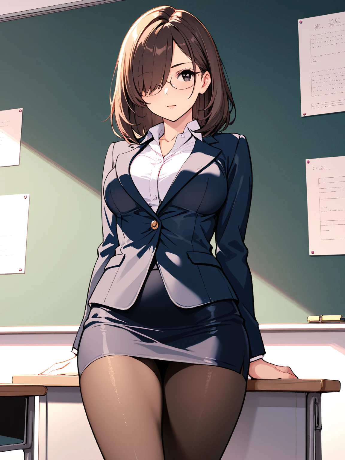 masterpiece, best quality, expressive eyes, perfect face, solo, one female teacher, mature woman, glasses, brown hair, short hair, large breasts, large butt, cleavage, thighs, black jacket, pantyhose, pencil skirt, mini skirt, panty shot, raise one leg, open legs, smile, open mouth, low view, classroom,