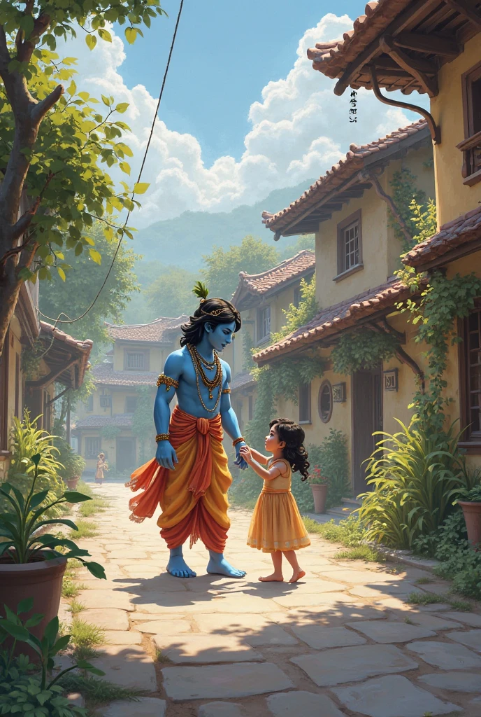 A temple arch in a village. wrote KULATHOOR DEVI TEMPLE in the arch. A little blue cartoon krishna is standing in front of the arch. A girl wear off white colour saree with golden colour blowse view from behind and talking something to krishna 