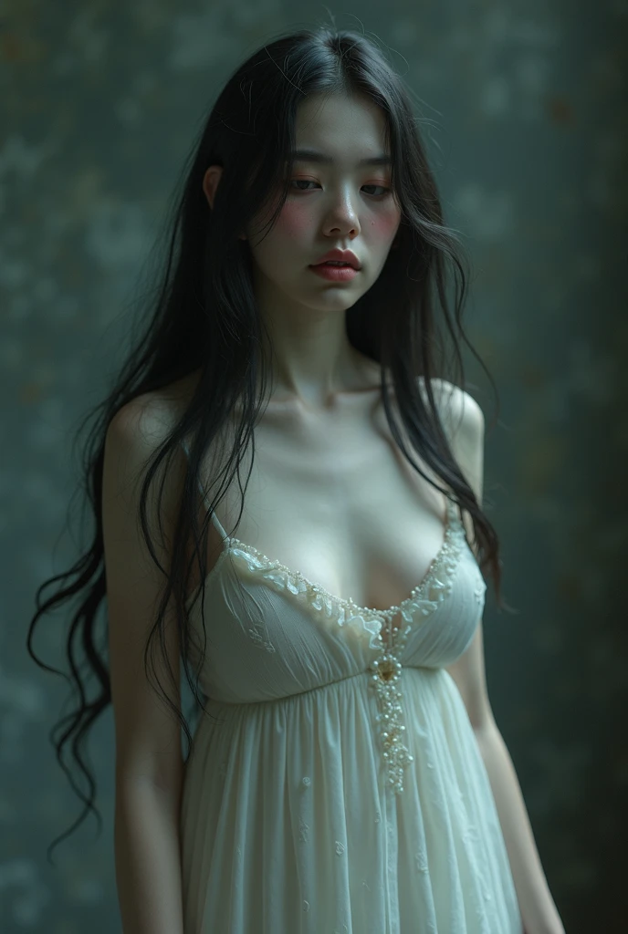 Kuchisake-onna, tmasterpiece, long black hair, sewn mouth, smiling, shy, dark green eyes, Bottom-up look, Hairline, Fair skin, Masterpiece weaving on the side, Best quality, Long white dress, stands, looks at the viewer, medium chest, open neckline,
