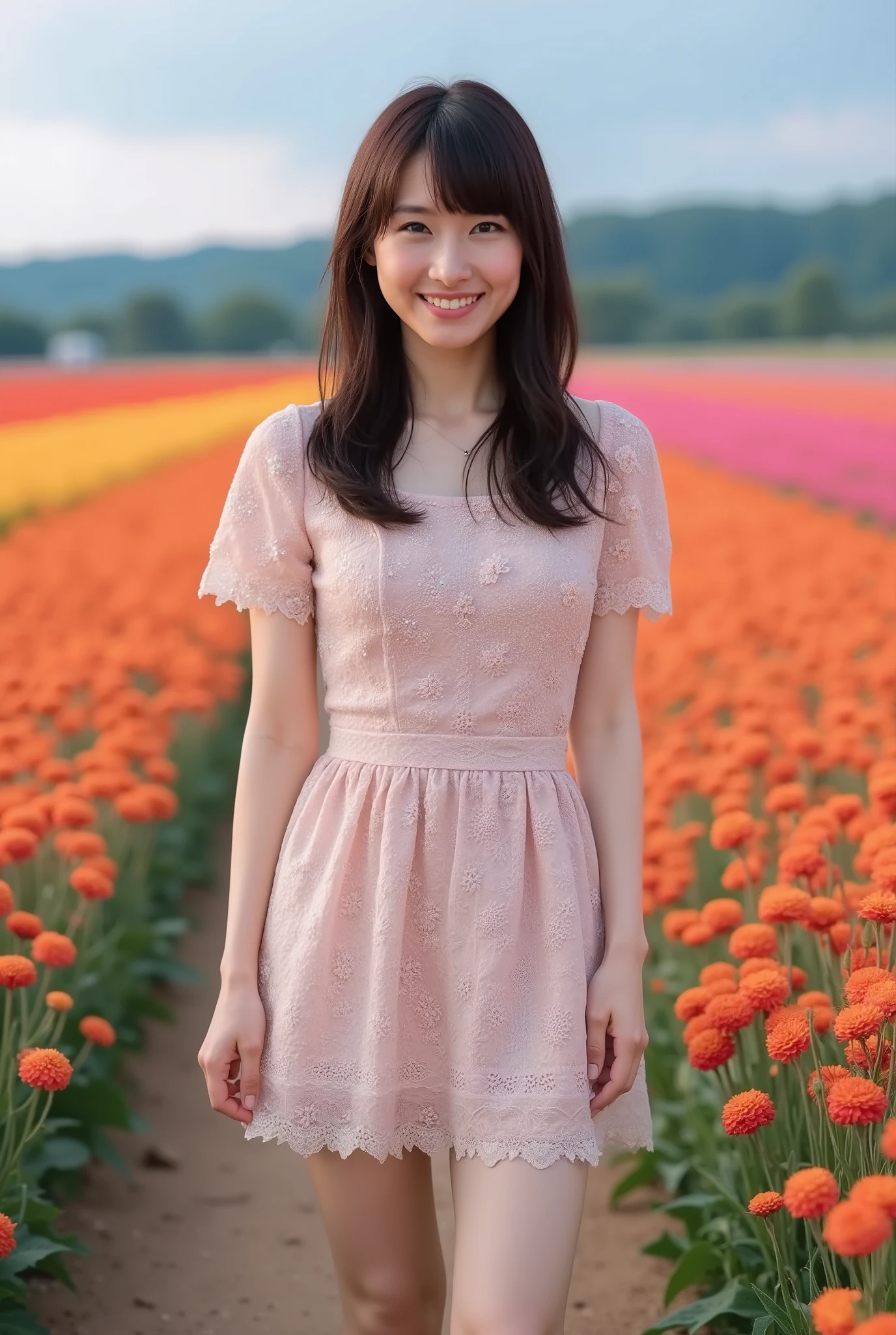 Create a portrait of a stunning Japanese idol wearing a cute mini dress, striking a pose with a charming smile. She has semi-long hair, a slender figure, small breasts, and thin legs. The background features a vast flower field bursting with vibrant colors, illuminated with cinematic lighting.