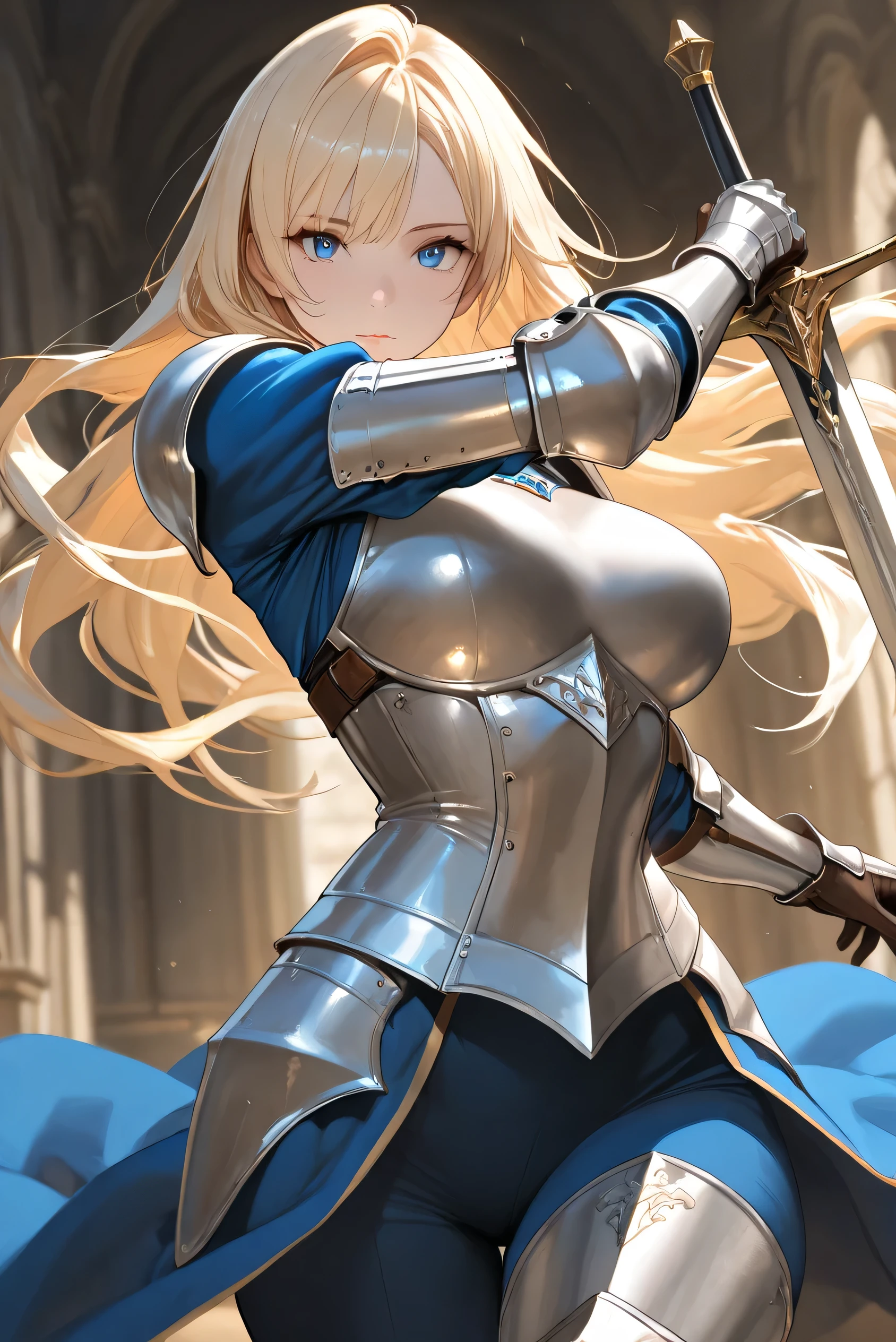 Blonde　Blue Eyes　long　　female knight 　Anaru is a weak-looking woman.