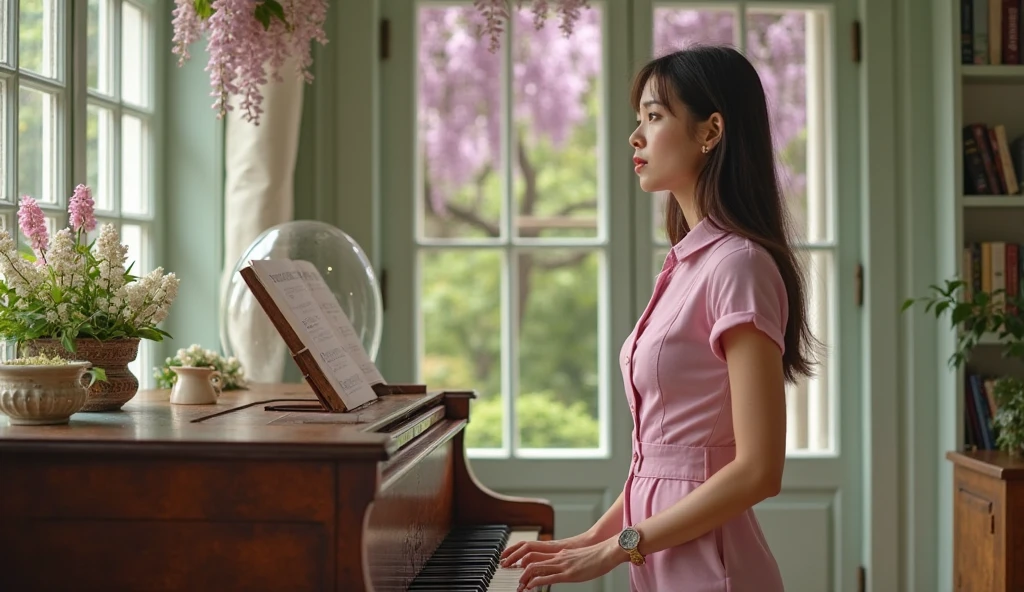 (((Photorealistic、Realistic)))Woman sitting at a desk in front of a microphone, Golf course, Bright atmosphere,