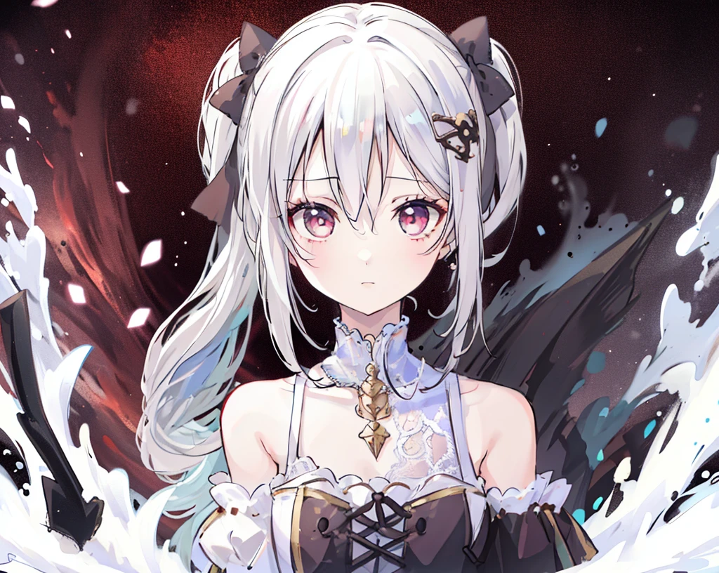 8k,High Resolution RAW Color Art,Anime Art, (((Very detailed and cool))), Delicate skin, vague、texture,(Carefully crafted, Finer details, Extremely detailed art), (((1 girl))), Writing border depth, Silky touch, Ultra Detail, (((Cool Face))), Eyeshadow、Silver Marble Skin, Beautiful and delicate red eyes, Beautiful lip details, Very delicate face shape, Detailed depiction of hair and eyes, Exquisite and stylish, Silver earrings,silver bracelet、Full body depiction, Black half top、(((Off-shoulder)))、Black shorts、Black waist cape、Black pantyhose、 A little bit of white hair, Straight hair、Semi-long hair、(((hair)))、water surface、Silk clothes