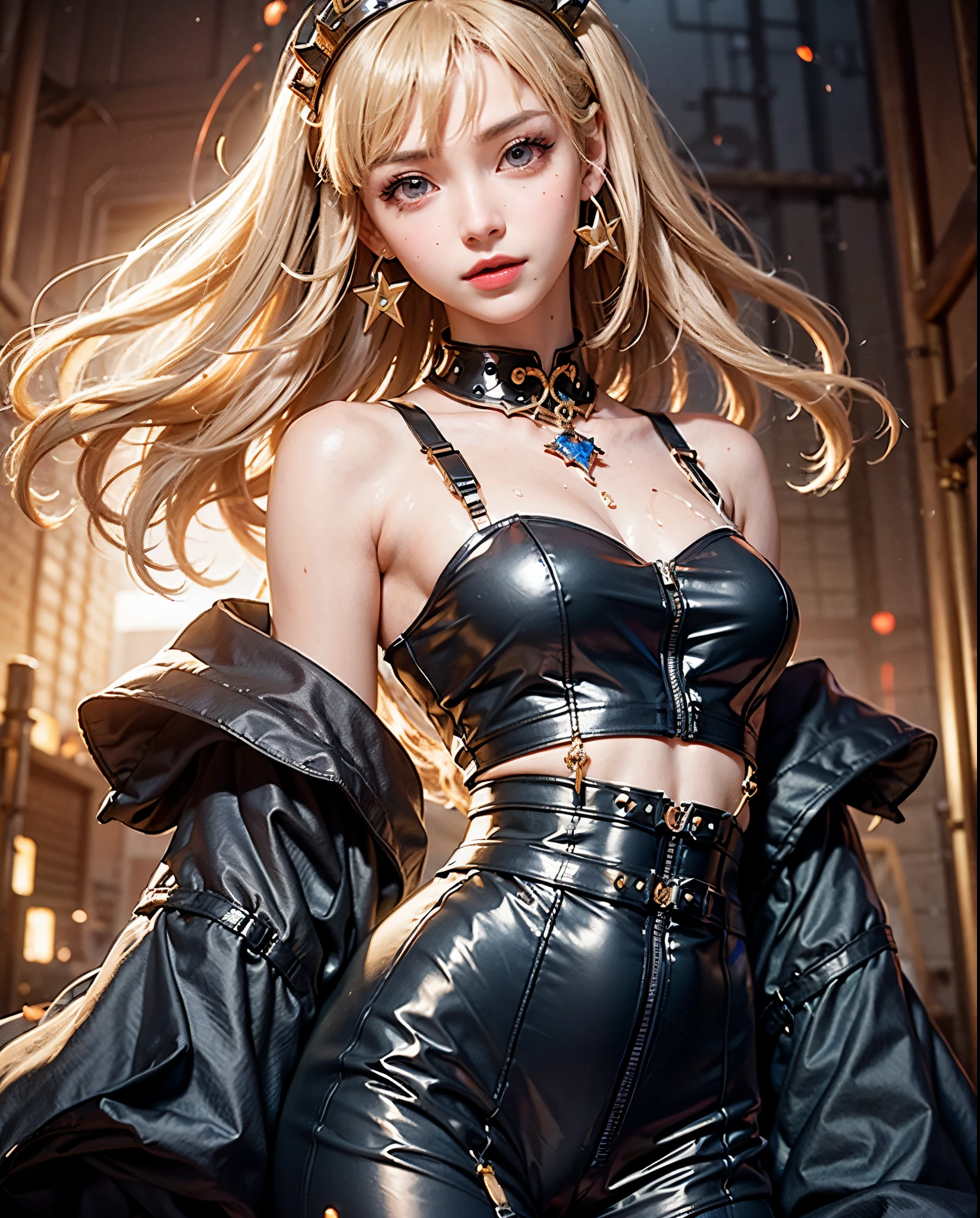 lifelike，Ultra high resolution large files，8k，High pixels，超Reality主义女性肖像，a mature girl，Royal sister style，long golden hair，long golden hair，Clearlifelike头发，be careful with hair，Delicate eyelash makeup, Thin eyebrows, super detailed eyes，Nice big red lips，mature face，Exquisite face makeup，Clear eye makeup，Perfect body，big breasts，Men’s waists are all thin，Buttocks raised，crop top, black crop top, clavicle, collar, shiny clothes, Detached sleeves, crystal, Gloves, 肘部Gloves, 单指无指Gloves, septum, belt, Pants, leggings, high-waist pants,jewelry，necklace，ear nipple ring，indoor background，(kpop idol), (Egiosar:1)Adult photography，Reality摄影，Reality、Clear，，fantasy art，First class boutique，High level of detail engineering