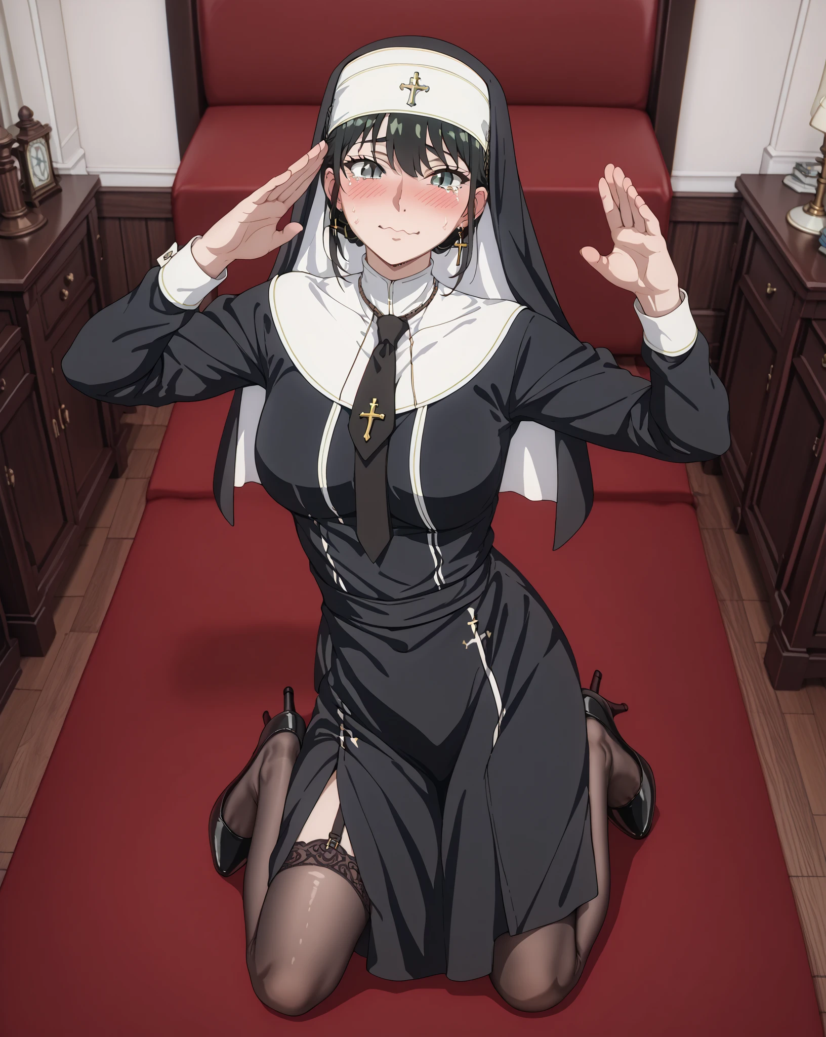 Black Stockings with Garter Belt、full body shot ,score_9, score_8_up, score_7_up, source_ anime、top quality、8k、 masterpiece、super accurate、 natural light、Totally wide、 One Woman、firm chest 、 綺麗な black hair、 black hair、 Tied up hair、cute face、 Clear Eyes ,A little teary、embarrassed face、After the change、white headband、 black ribbon tie、Monastic Clothes、 nun、slit skirt、(Cat pose with arms raised on top of head:1.5)、salute、Stand with your legs wide apart、
