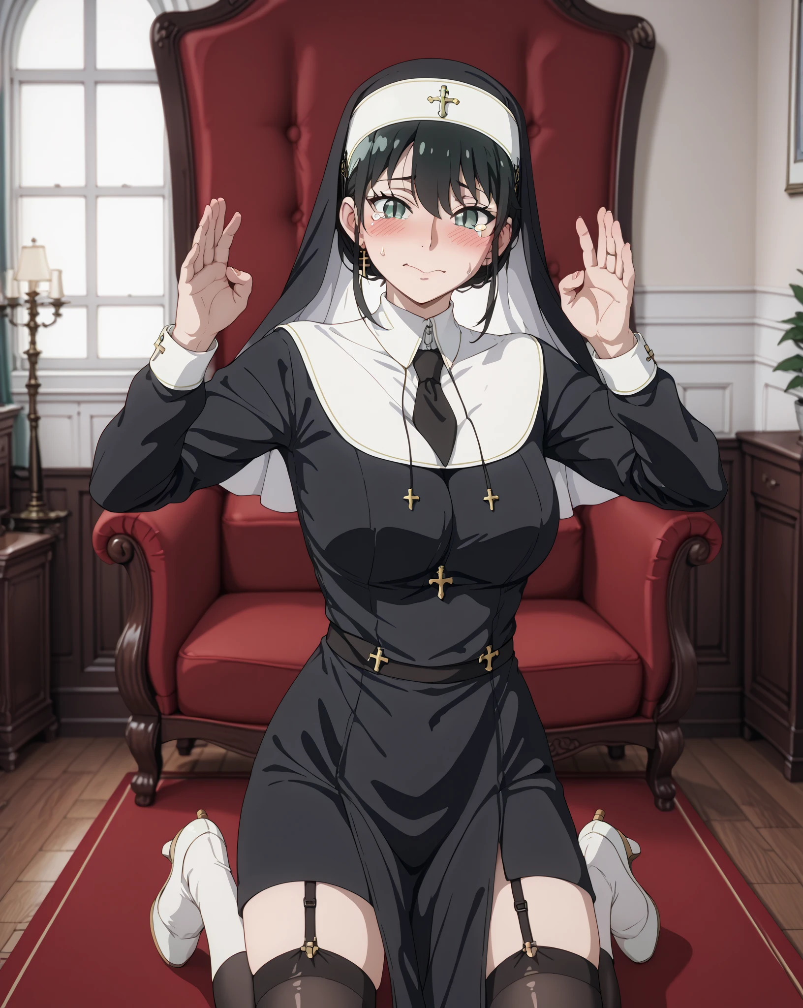 Black Stockings with Garter Belt、full body shot ,score_9, score_8_up, score_7_up, source_ anime、top quality、8k、 masterpiece、super accurate、 natural light、Totally wide、 One Woman、firm chest 、 綺麗な black hair、 black hair、 Tied up hair、cute face、 Clear Eyes ,A little teary、embarrassed face、After the change、white headband、 black ribbon tie、Monastic Clothes、 nun、slit skirt、(Cat pose with arms raised on top of head:1.5)、salute、Stand with your legs wide apart、