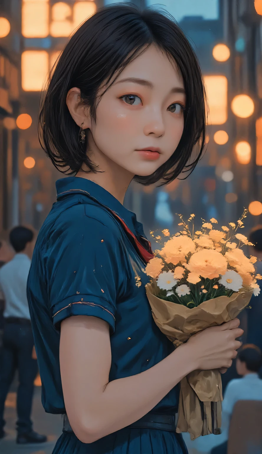 ultra-realistic film photo , greatest masterpiece, dramatic scene, shadow, Global Illumination, alone, Extremely blurry background :1.331, realistic, Beautiful Japanese Woman's Face, On the high school auditorium stage:1.5, and she has a beautifully wrapped bouquet of flowers:1.5, side view :1.331, 非常にrealisticな写真dramatic scene, super real, Photorealistic, perfect anatomy:1.21dramatic scene, small head:1.21dramatic scene, nervous expression, 唇を閉じてdramatic scene, Portrait of a Japanese Woman:1.21, A simple sailor uniform from a famous high school in the city, navy blue sailor suit:1.331, Red Ribbon, navy blue pleated skirt :1.331, black hair:1.21, bob cut hair:1.21, すっぴんのBeautiful Japanese Woman's Face:1.21, detailed Iris, Sharp eyebrows:1.37, detailed face, growing skin that widens the labia minora:1.21, in the background, Silky Screen, dynamic, cinematic lights shine,