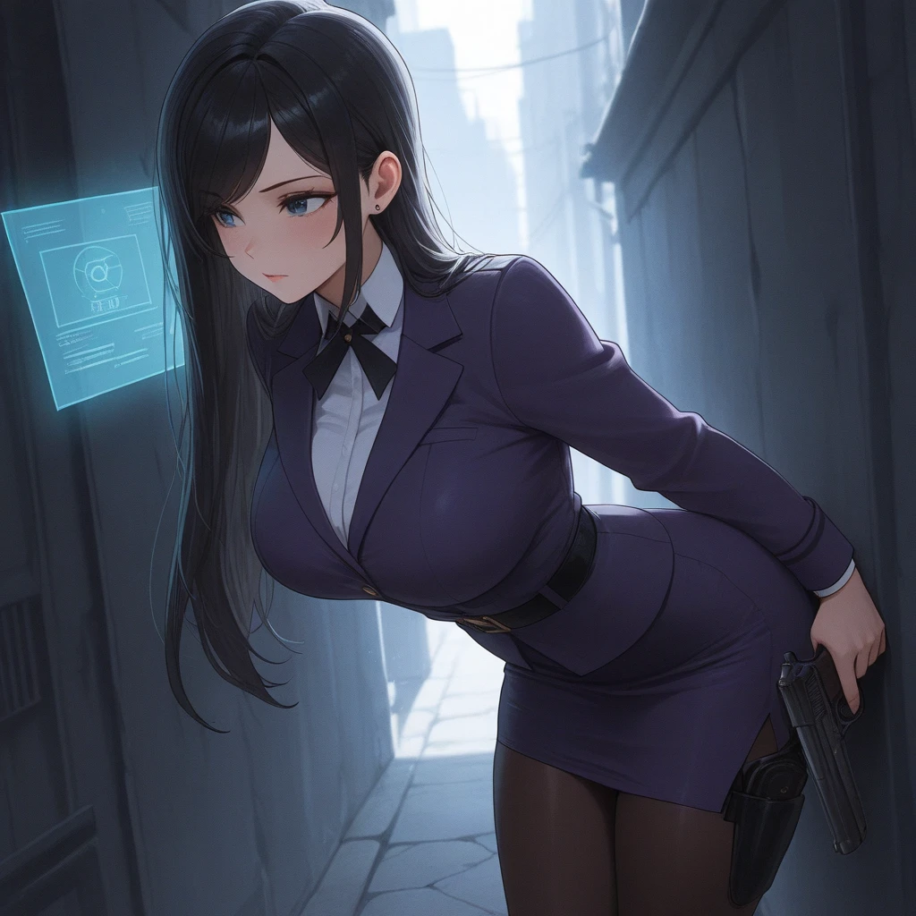 MIB suit, neuralyzer, holding neuralyzer, flash, 1girl, large breast, wide hips, pencil skirt, office, ponytail, <lora:MIB Suit and Neuralyzer V1:0.6>