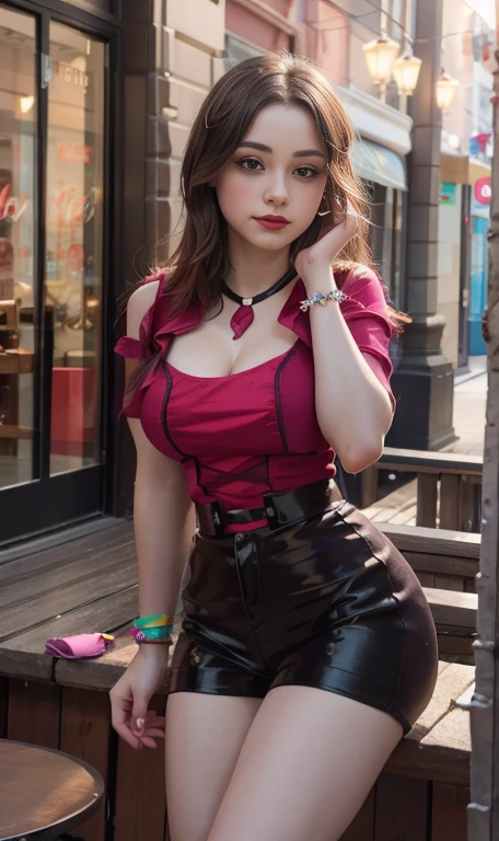A beautiful hyperreal woman who represents Sailor Moon. Black hair, very big breasts, giant butt, tiny waist. Her face has Japanese anime features. Pigtails: she has long black hair that reaches approximately the middle of his back. Her distinctive hairstyle consists of two high, voluminous pigtails that extend up and out from the top of her head. Bows: At the base of each ponytail, she wears a large red bow that keeps her hair in place. Bangs: She has short, blunt bangs that frame her face and curve to the sides. She is wearing Harley Quinn's costume. It is a vibrant and eclectic mix that reflects his unique and eccentric personality. She sports a red and black leather biker jacket adorned with patches and extravagant details. Underneath the jacket, he wears a tight-fitting T-shirt with some bold or graphic design, often in bright colors or quirky prints. On the bottom, she wears tight pants or a short skirt, also in striking shades such as red, blue or pink, which complement her bold style. Her legs are adorned with colorful fishnet stockings or tights that add an extra touch of extravagance. For footwear, she opts for tall boots or sneakers with bold, colorful details that complement the rest of her outfit. In addition, accessories such as necklaces, bracelets and large, striking earrings complete her characteristic and rebellious look. The wardrobe is a visual expression of her extravagant and uninhibited personality, combining bright colors, bold clothing and bold accessories to create a unique and distinctive style.