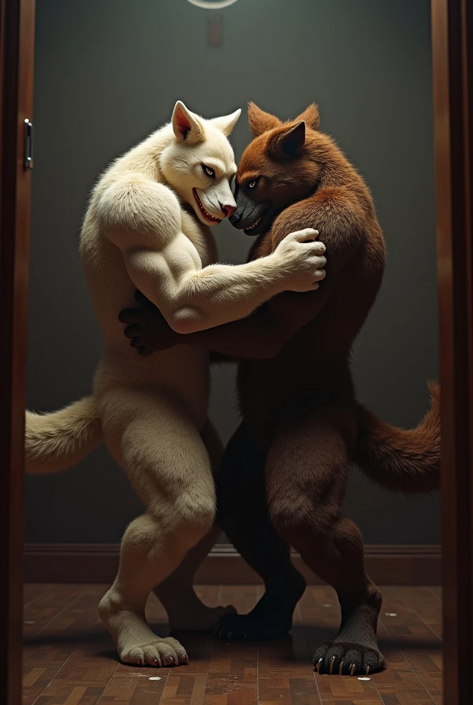 Japanese bathhouse, two young muscular gay furries (both German Shepherds) kissing