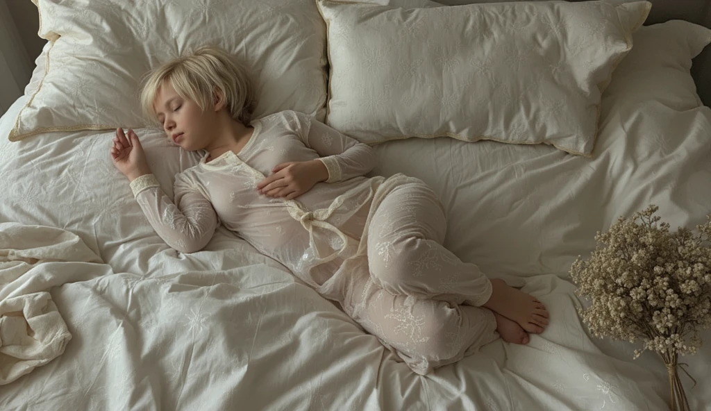 Translucent Pyjamas View form above on complete body of a young woman with blonde pixie ...