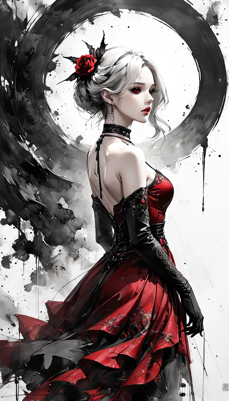 1girll,White color hair,Various hairstyles,Wear a black flower on your head,beauitful face,crisp breasts,Convex buttocks,Wearing a black gauze tights,Wear a black wristband,Black lace-up heels,Wearing a black military uniform overcoat,The inside of the coat is red,perfectly proportioned, Cinematic lighting, filmgrain, Fujicolor, lightand shade contrast, 8K, 巨作, Textured skin, Super detail, high detal, High quality, A high resolution,