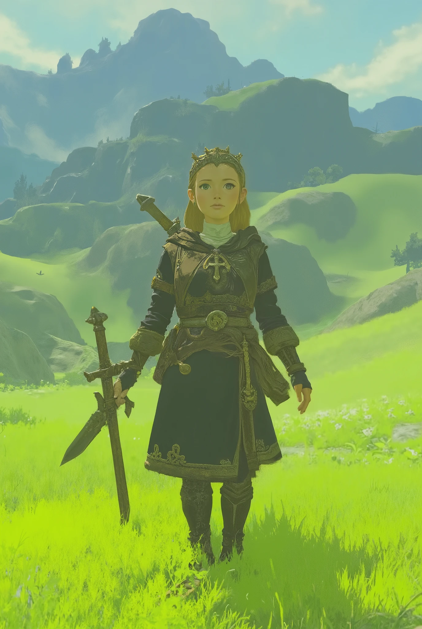 a close up of a woman holding a sword in a field, Zelda OTW , OTW, OTW style, zelda BREATH OF THE WILD , BREATH OF THE WILD , BREATH OF THE WILD screenshot, BREATH OF THE WILD style, トライフォースを持つZelda, Woman with a sword on her shoulder , プリンセス・Zelda, she holds a sword , Zeldaの伝説から、Zelda、