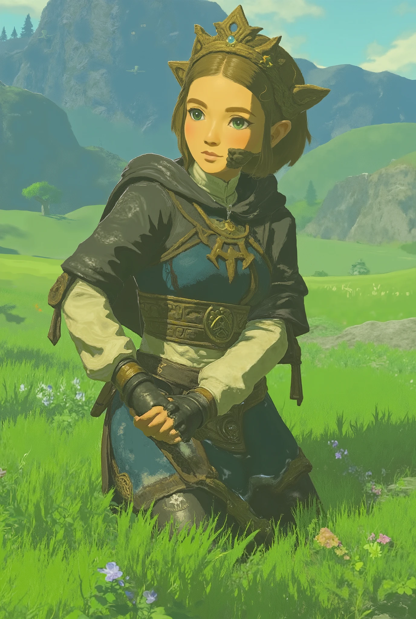 a close up of a woman holding a sword in a field, Zelda OTW , OTW, OTW style, zelda BREATH OF THE WILD , BREATH OF THE WILD , BREATH OF THE WILD screenshot, BREATH OF THE WILD style, トライフォースを持つZelda, Woman with a sword on her shoulder , プリンセス・Zelda, she holds a sword , Zeldaの伝説から、Zelda、