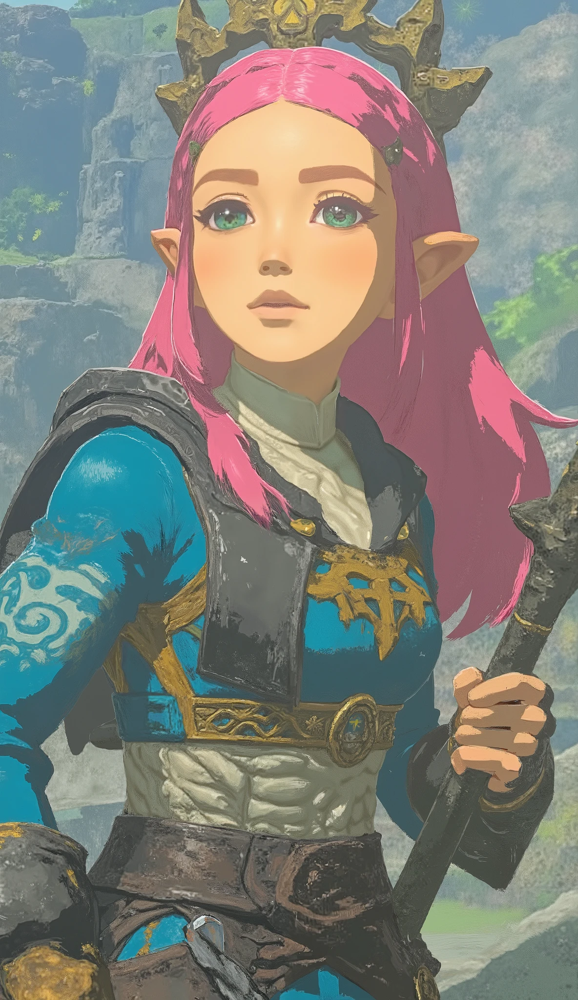close-up photo of a woman holding a sword and cane, Zelda OTW, OTW style, Zelda, princess Zelda, pink, Breath of the Wild Style , OTW, portrait of Zelda, Zelda with triforce, portrait of princess Zelda, from legend of Zelda, lady pink, Zelda style art, pink smash