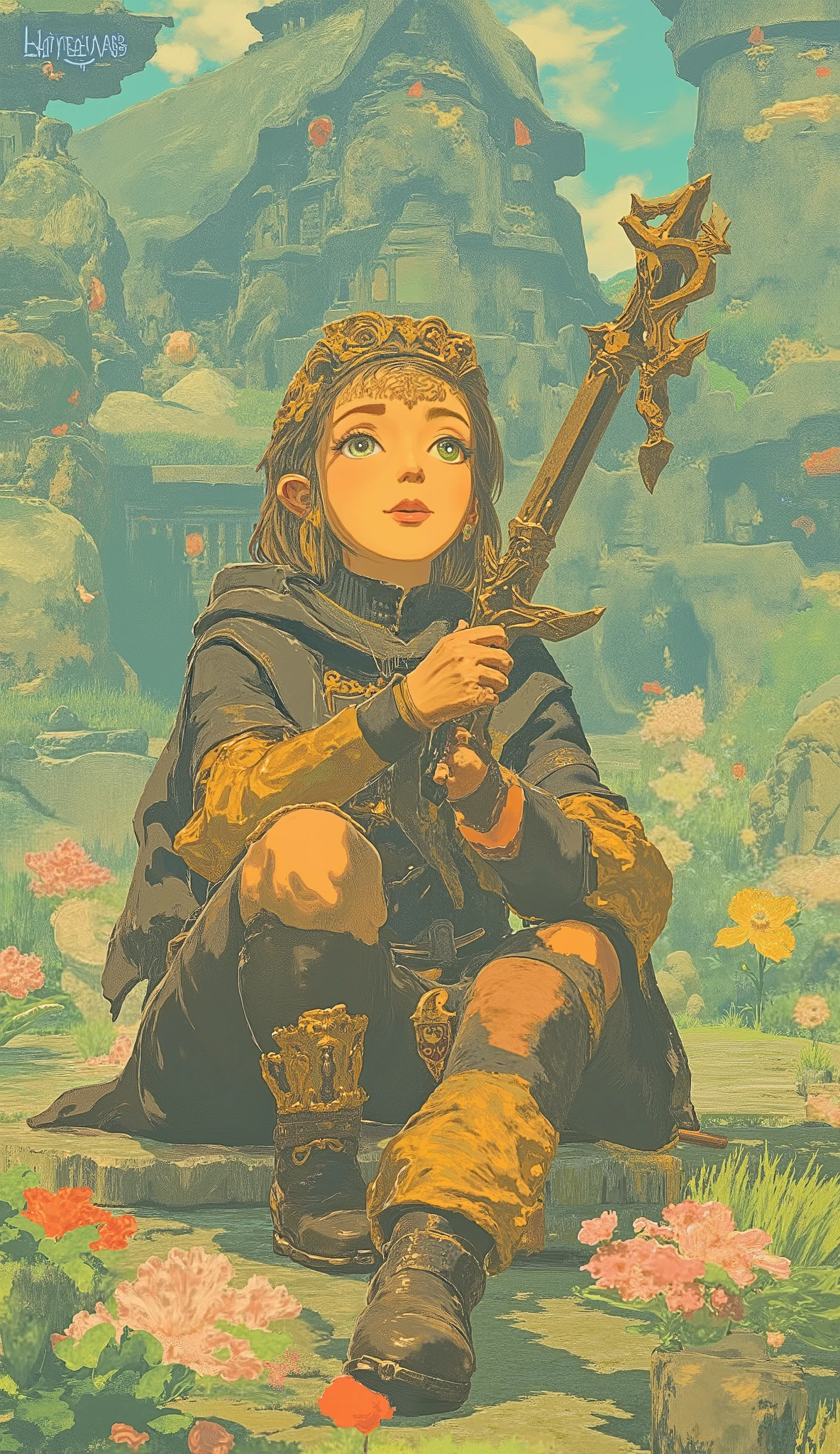 close-up photo of a woman holding a sword and cane, Concept art by Kieran Yanner, CG Societyでトレンド, Art Nouveau, Zelda OTW, OTW style, Zelda, princess Zelda, pink, Breath of the Wild Style , OTW, portrait of Zelda, Zelda with triforce, portrait of princess Zelda, from legend of Zelda