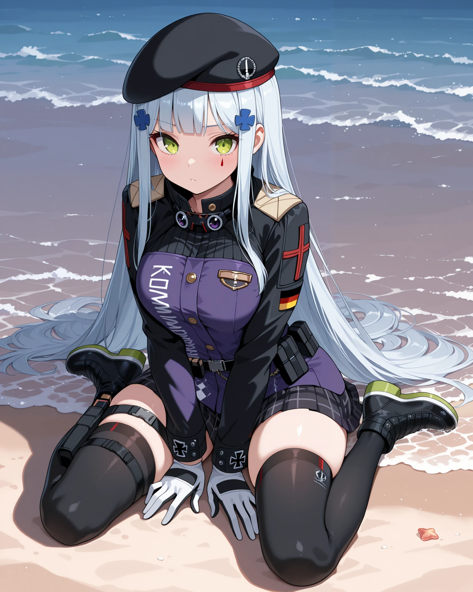 masterpiece, best quality, newest, small breasts, blush, HK416, hat,beret,black headwear,very long hair,white hair,x hair ornament,sidelocks,blunt bangs,green eyes,facial mark,teardrop, military jacket,purple jacket,clothes writing,uniform,white gloves,long sleeves,german flag,large breasts,skindentation,pouch,miniskirt,black skirt,pleated skirt,plaid skirt,thighs,zettai ryouiki,black thighhighs,thigh holster,black footwear, sitting, wariza, 1girl, solo, close to viewer, on the beach, close to viewer, full body,