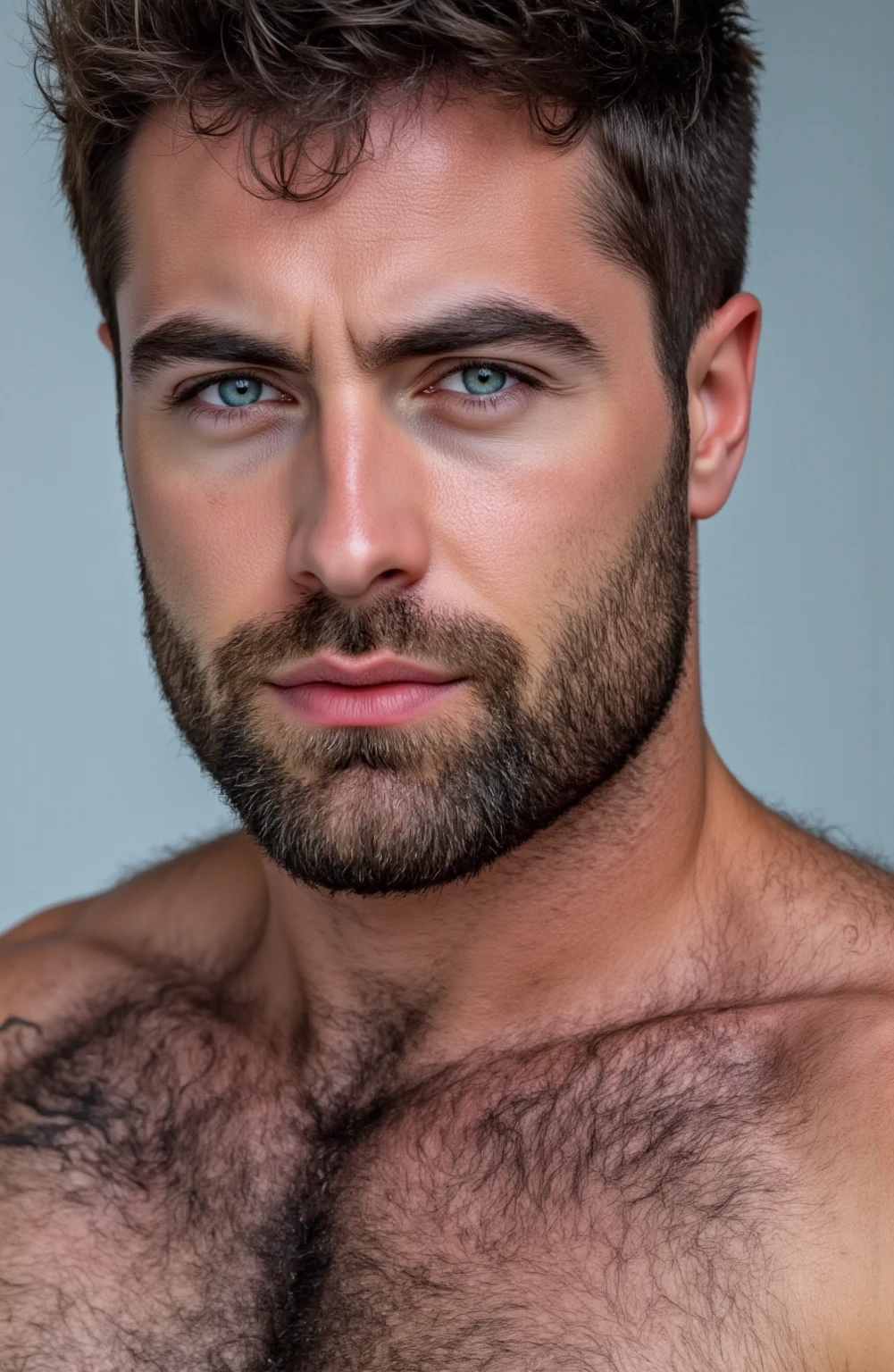 Masterpiece、Highest quality、Super fine、Fine、High resolution、Detailed face、Detailed eyes、Detailed lips、Detailed muscles、Abdominal muscles、Pectoral muscle、Realistic、A man with thick chest and abdominal hair、Pretty hairy