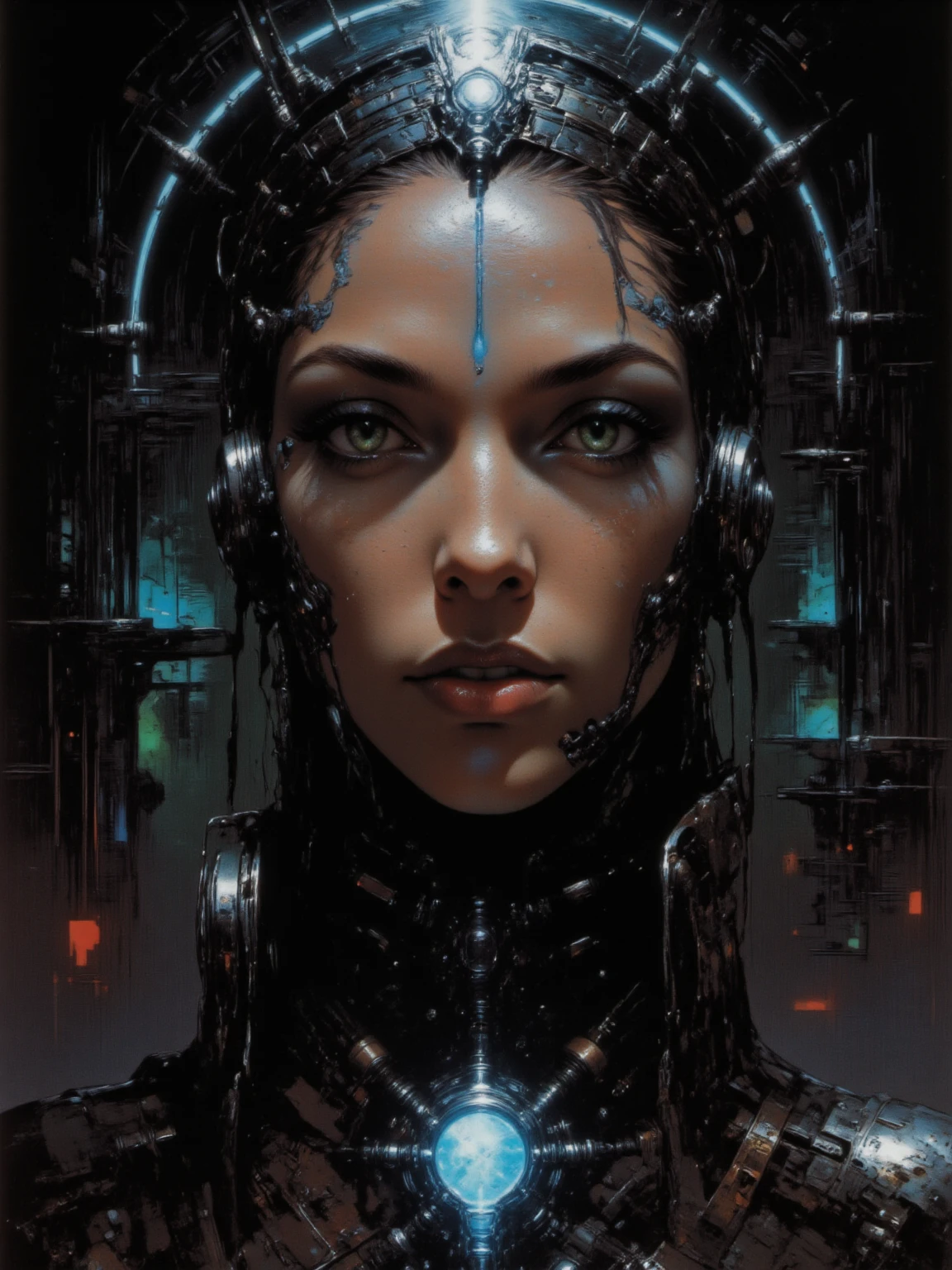 Hr giger tattooed sexy seductive dead girl, perfect face, hyper detailed neon black eyes, full body portrait,