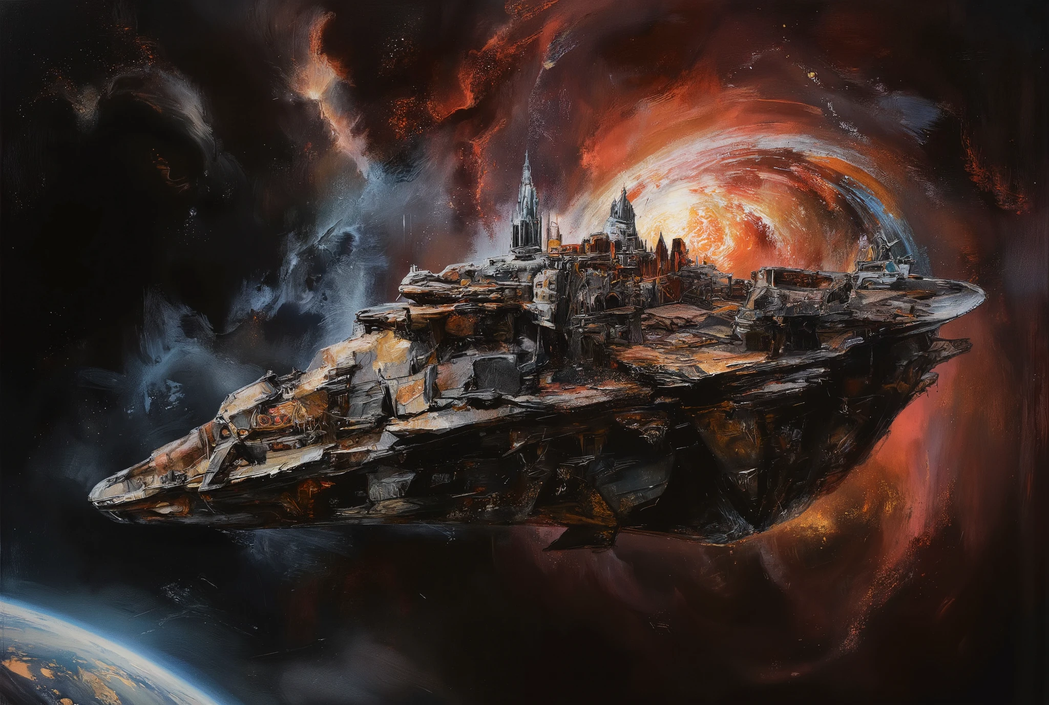 Terryffying oil painting depicting supermassive spaceship floating in space, representing the last hope and final frontier of a dying human race. Spaceship looks menacing and is shaped in a way that resembles gothic cathedral . Spaceship is silhouetted by the dim, fading light of a distant supernova. The lighting is soft but mournful, casting a faint red hue over the scene. A sense of tragic beauty permeates the air, as speship represents the humanity's once-great empire stretch into infinity. Chiaroscuro techniques emphasize textures and dimensions. Impasto effects add tactile depth to the subject's worn features. Faded yet powerful, this 8K masterpiece by a master artist (think Will Eisner or Katsushiro Otomo) commands attention with its ultrasharp focus.