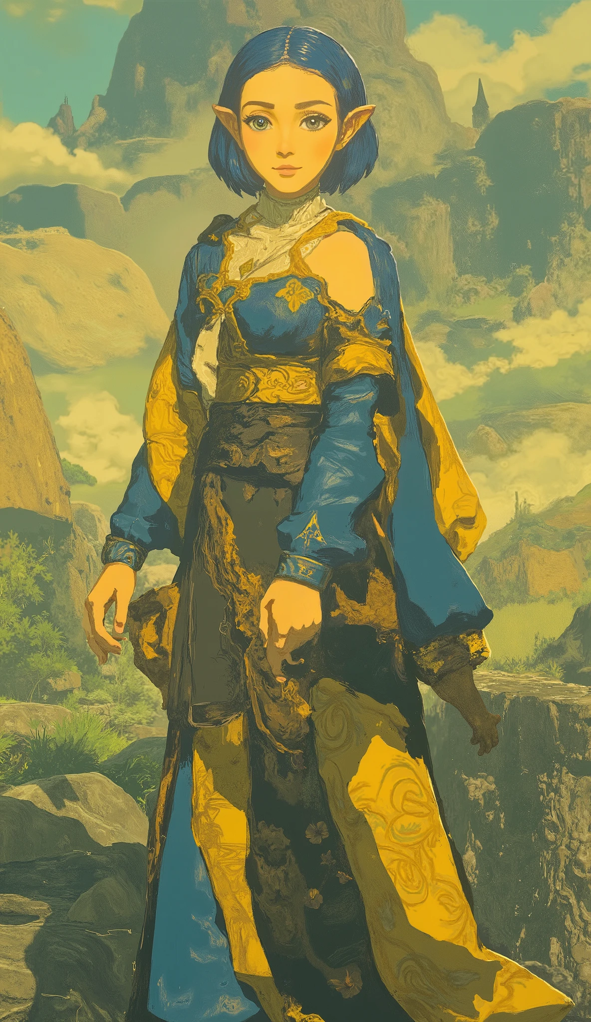 A woman dressed in blue yellow is posing for a photo, animated illustration inspired by rossdraws, trending on pixiv, fantasy art, From The Legend of Zelda, an enchanting elf princess night , The Legend of Zelda Breath of the Wild, princess Zelda, a knight girl of the zodiac , Portrait of Zelda , ig model | ART GEL , Elf Girl , Zelda with Triforce, Zelda-inspired art