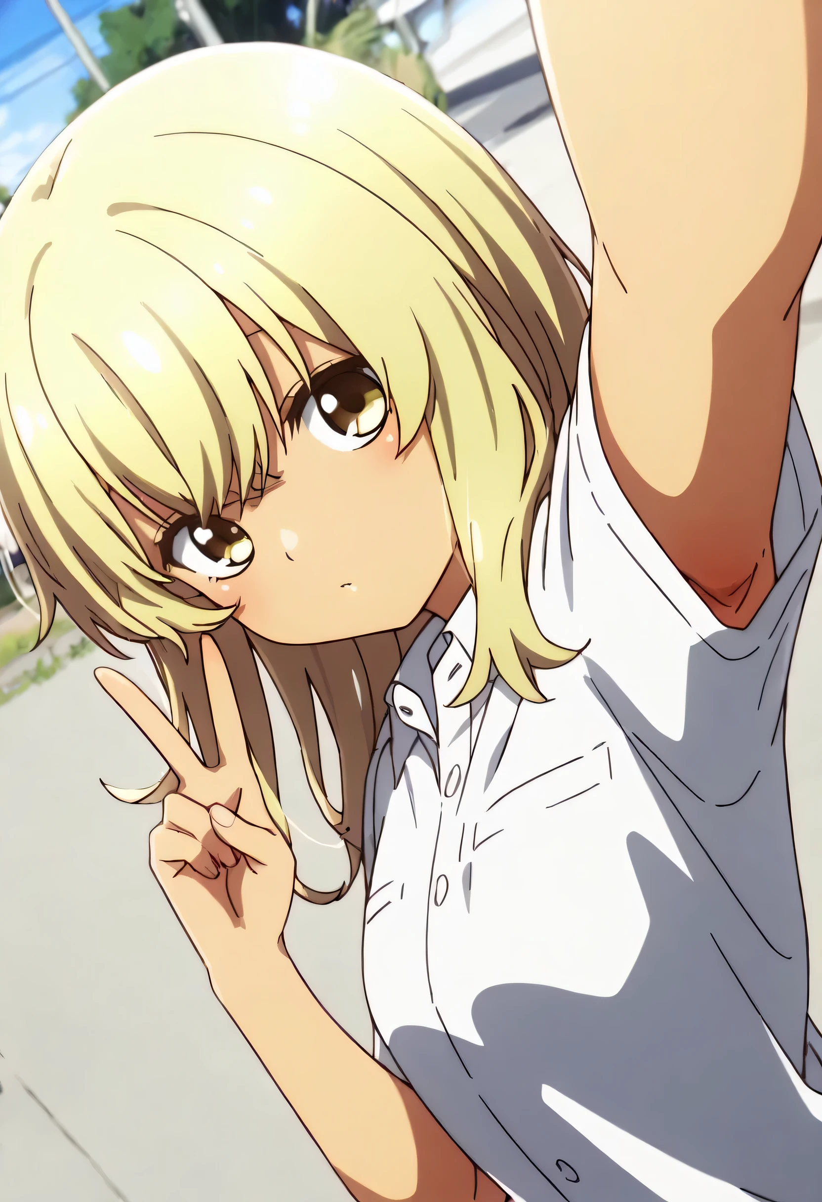School uniform, short sleeve ,1girl, solo,from the viewer's perspective,Very cute,small breasts,, one woman , Original style, Very high quality, soft to the touch, beautiful,super detailed skin, high resolution, novel illustration, shiny skin,dynamic pose,defenseless, very sensual,higa kana, Blonde hair, tanned skin, His shirt is open, About to take it off, I can see the side, show one's side, armpit, selfie, outdoor