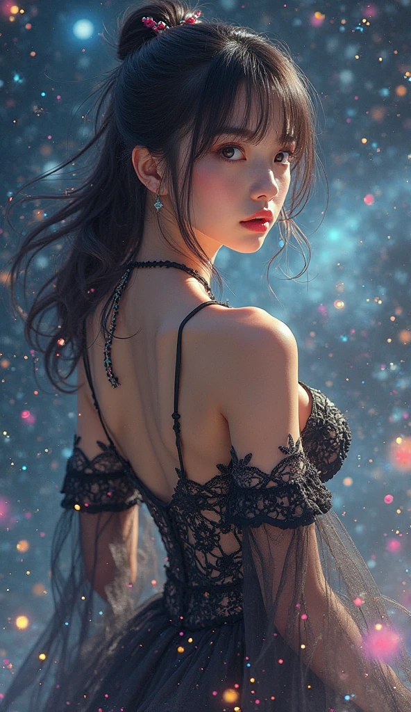 Incredible and spectacular scene,(black transparent, lace panties),Beautiful Belarusian girl's upper body emerges from glowing cloud fractal nebula lines,Clear face,cosmic entity,a heavenly being,kosmos,vibrant and vivid,swirles,twist,nonrealistic,hight contrast,Co-metabolism,magical,mistic,mistic,hyper realisitc,Supersaturation,rich colourful