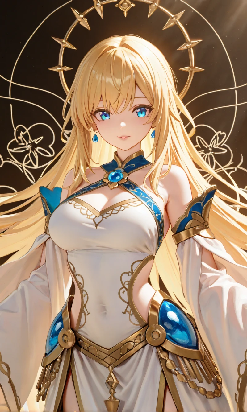 A prince with golden hair and blue eyes, fair skin, extravagant outfit with gold details and a cute expression